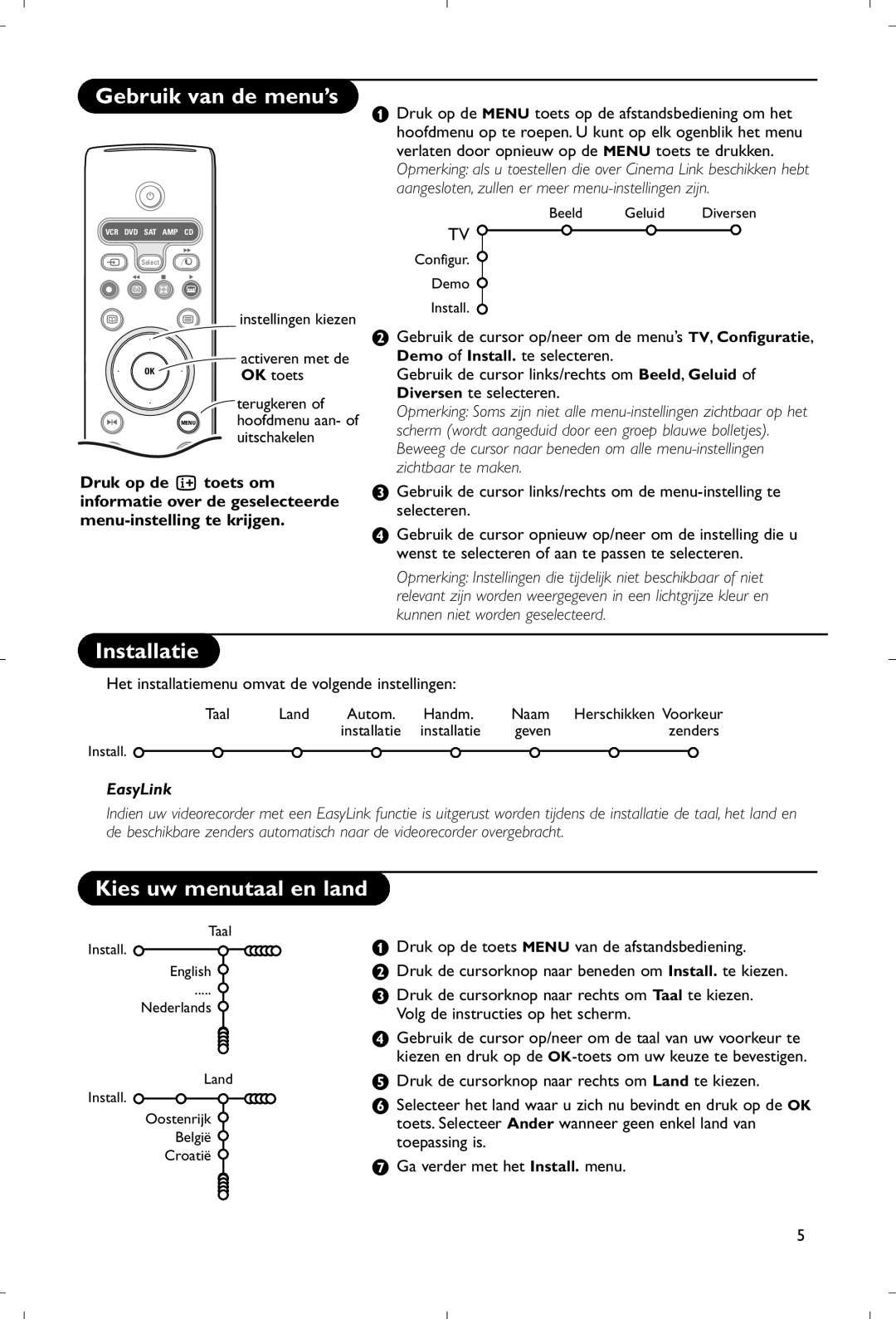 Philips 28PW9520/12 instruction manual Gebruik van de menu’s, Installatie, Kies uw menutaal en land 