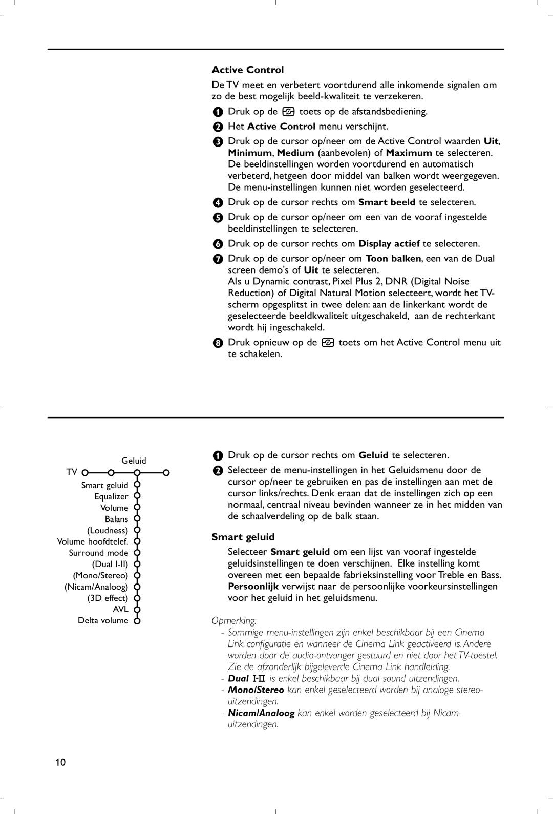 Philips 28PW9520/12 instruction manual Geluidsmenu, Opmerking, Geluid Smart geluid Equalizer Volume Balans Loudness 