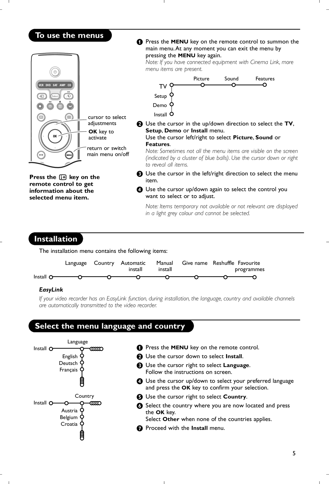 Philips 28PW9520/12 instruction manual To use the menus, Installation, Select the menu language and country, EasyLink 