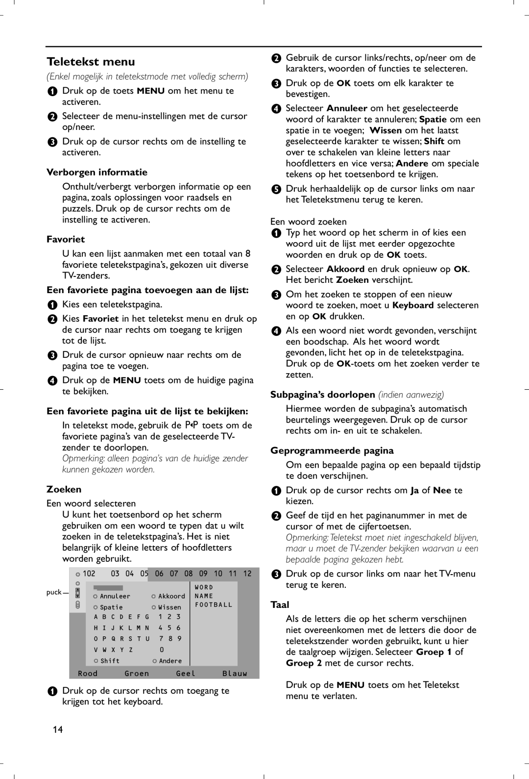 Philips 28PW9520/12 instruction manual Teletekst menu 