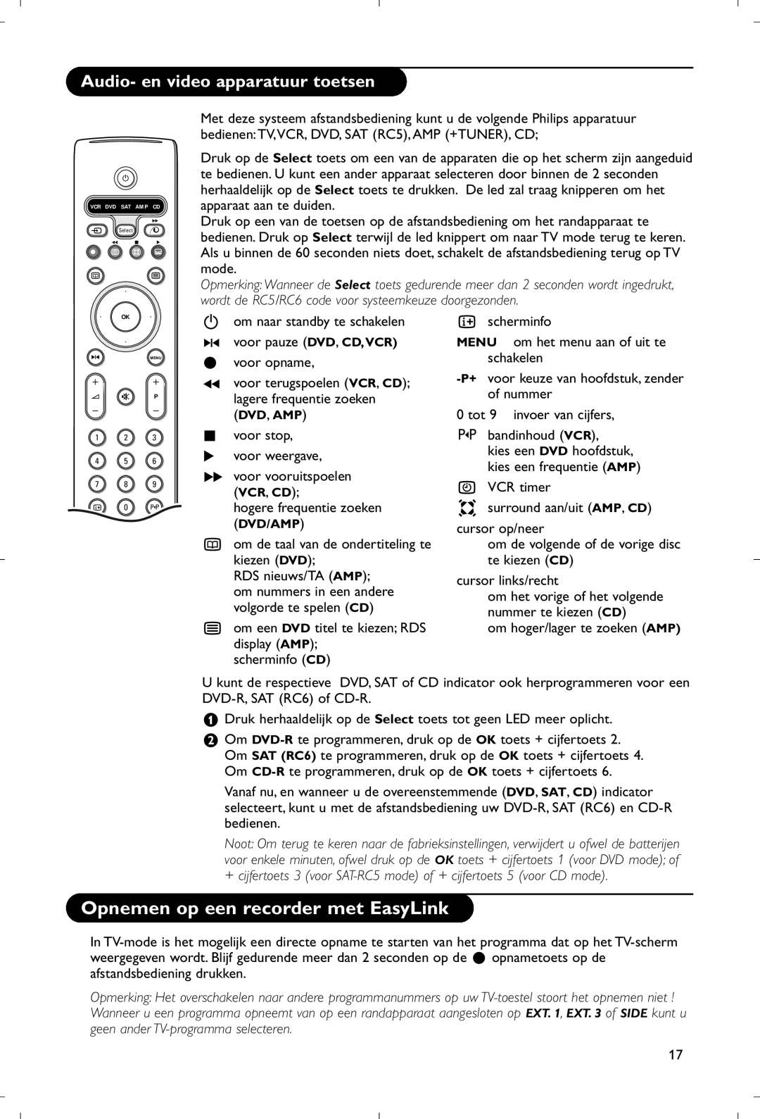 Philips 28PW9520/12 instruction manual Opnemen op een recorder met EasyLink, Audio- en video apparatuur toetsen 