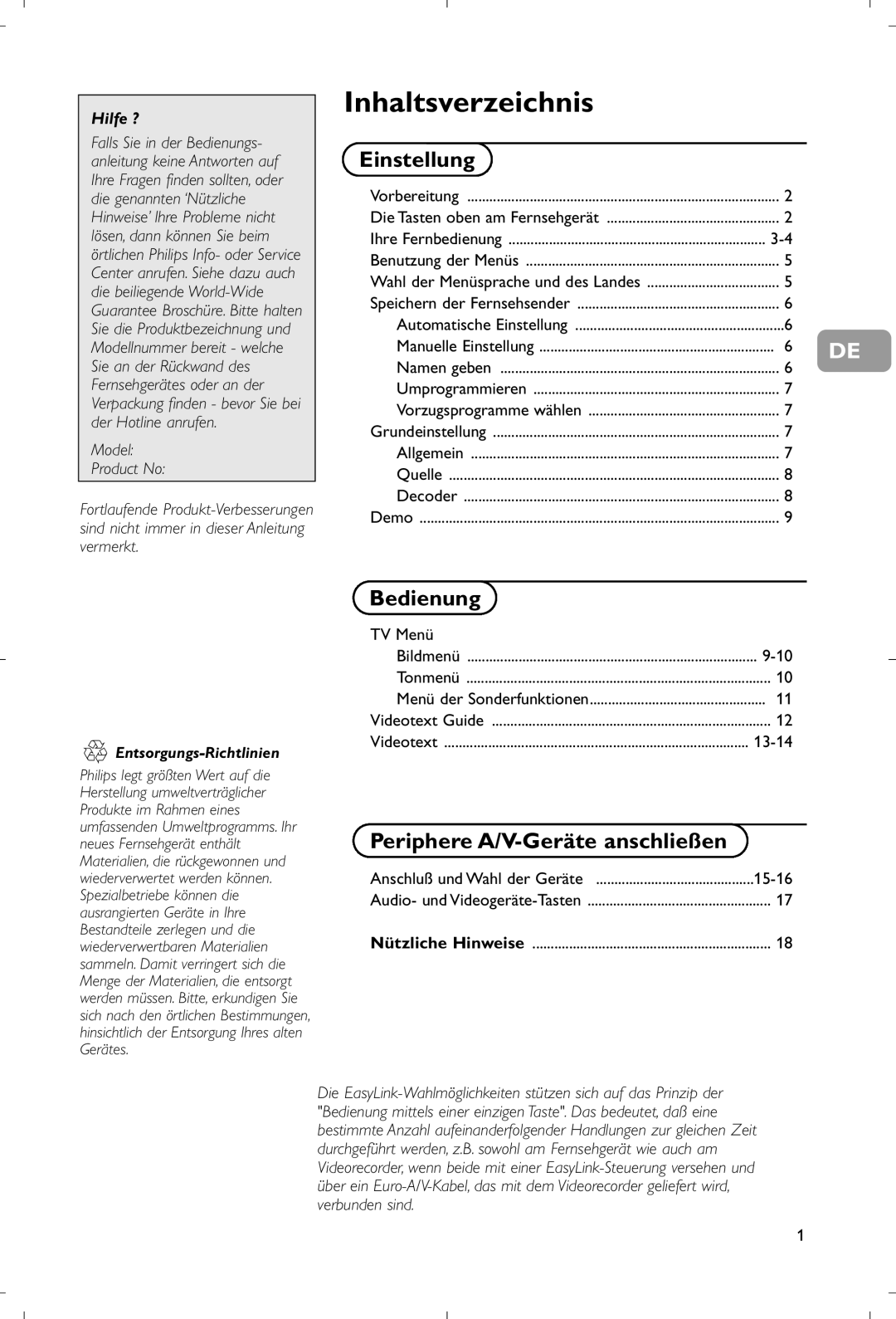 Philips 28PW9520/12 instruction manual Hilfe ?, TV Menü 