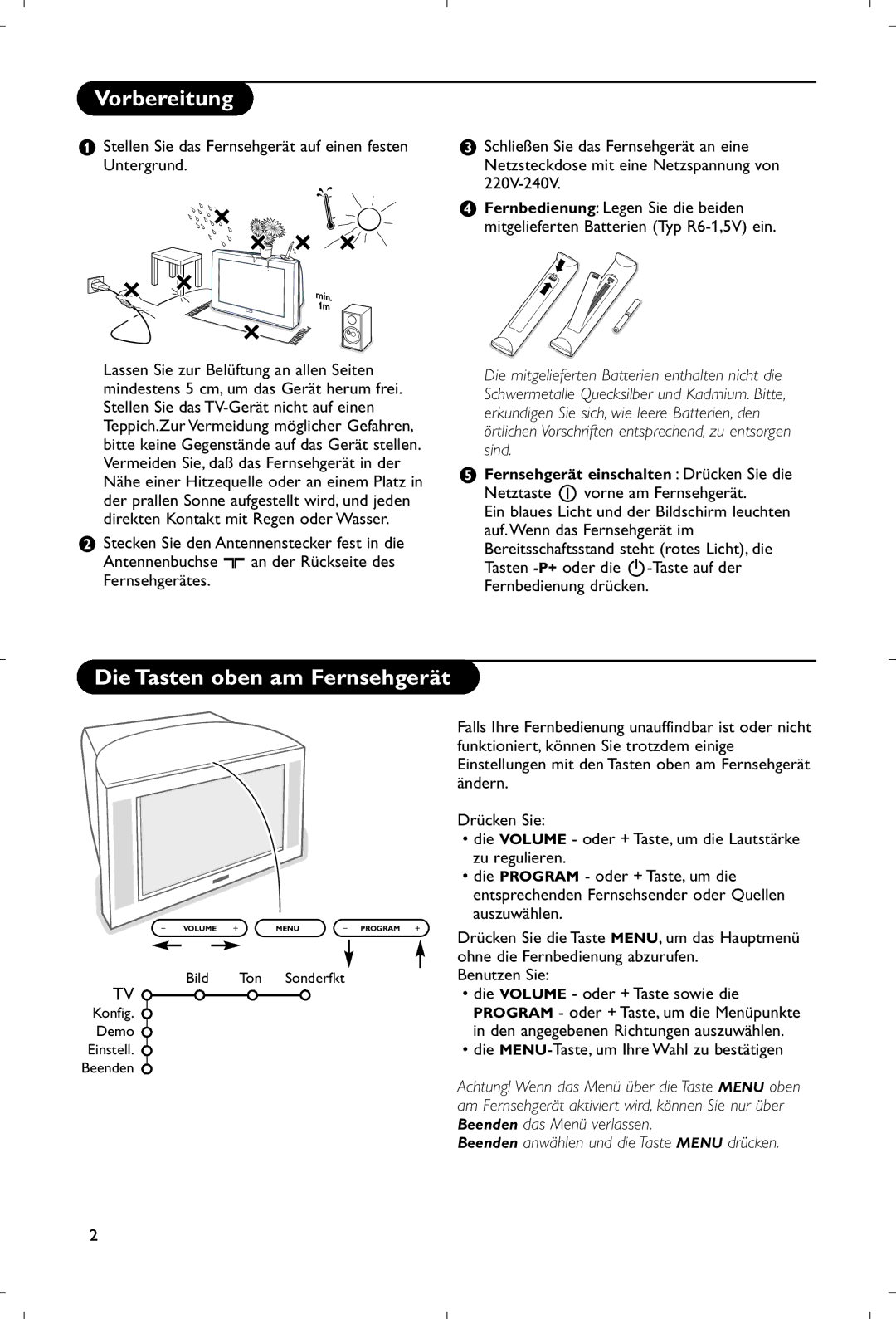 Philips 28PW9520/12 Vorbereitung, Die Tasten oben am Fernsehgerät, Beenden anwählen und die Taste Menu drücken 