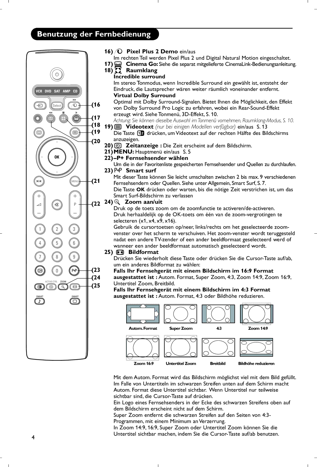 Philips 28PW9520/12 16x Pixel Plus 2 Demo ein/aus, 18Q Raumklang, 22-P+ Fernsehsender wählen, 22 24w Zoom aan/uit 