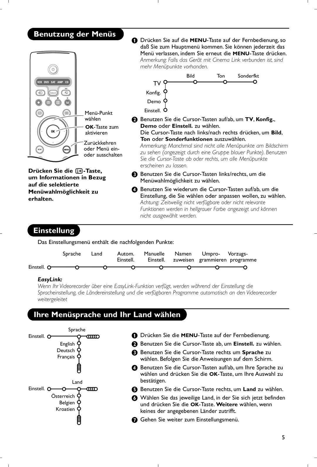 Philips 28PW9520/12 instruction manual Benutzung der Menüs, Einstellung, Ihre Menüsprache und Ihr Land wählen 