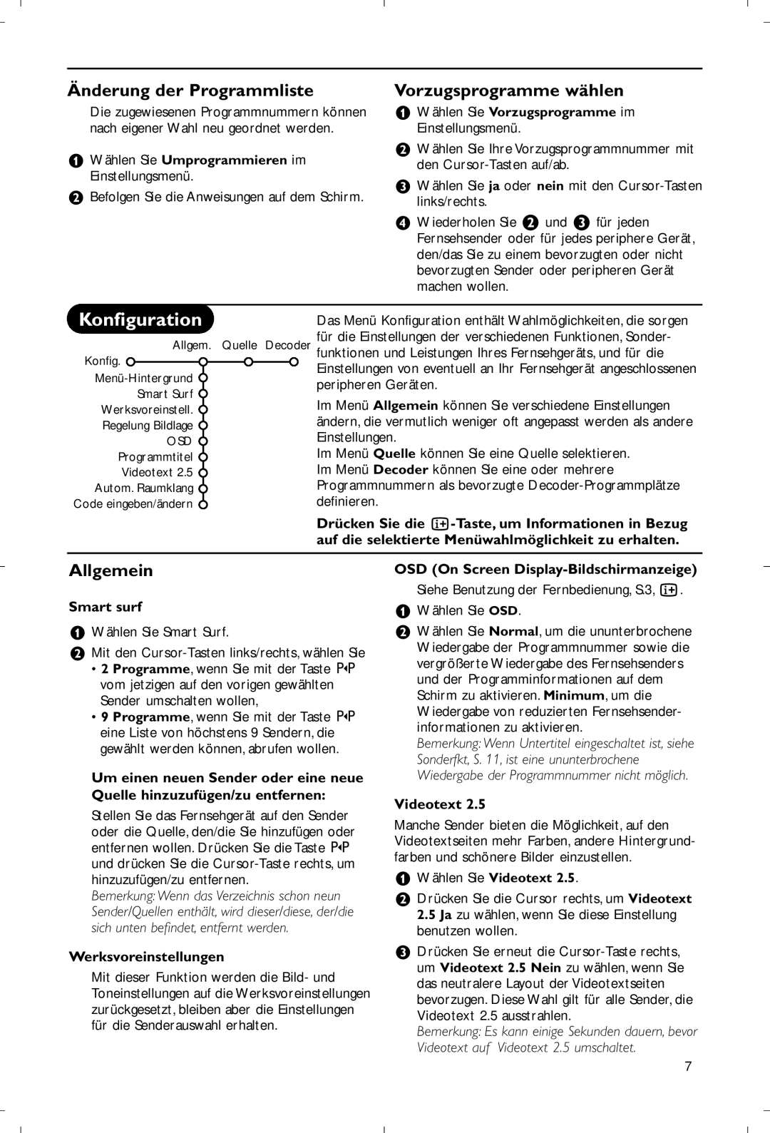 Philips 28PW9520/12 instruction manual Konfiguration, Änderung der Programmliste Vorzugsprogramme wählen, Allgemein 