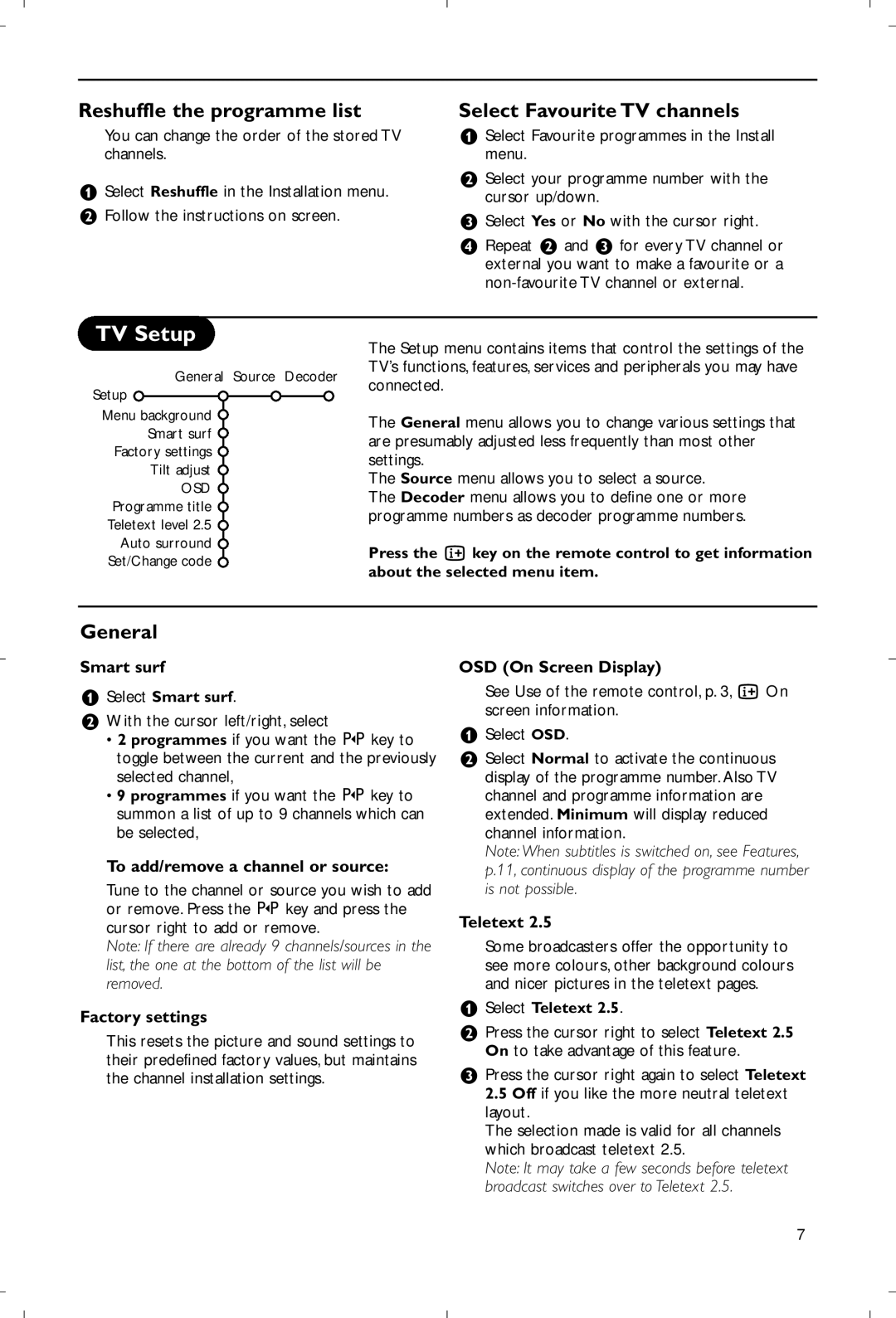 Philips 28PW9520/12 instruction manual TV Setup, Reshuffle the programme list, Select Favourite TV channels, General 