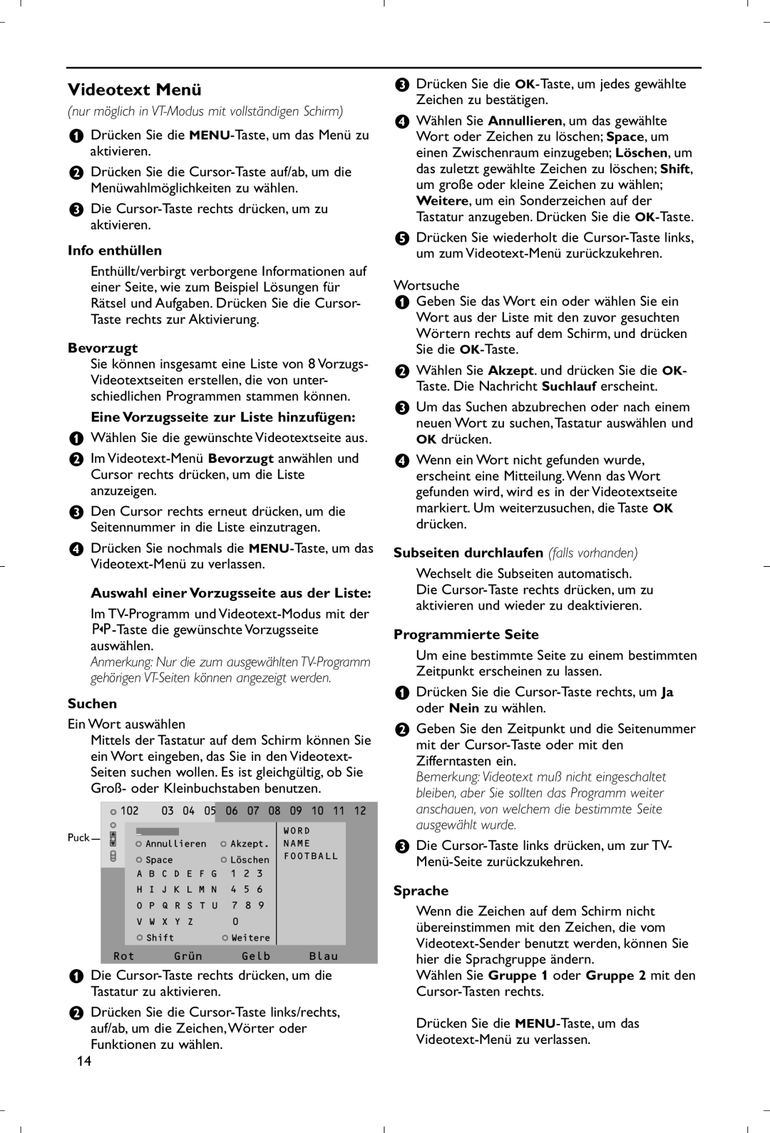 Philips 28PW9520/12 instruction manual Videotext Menü 