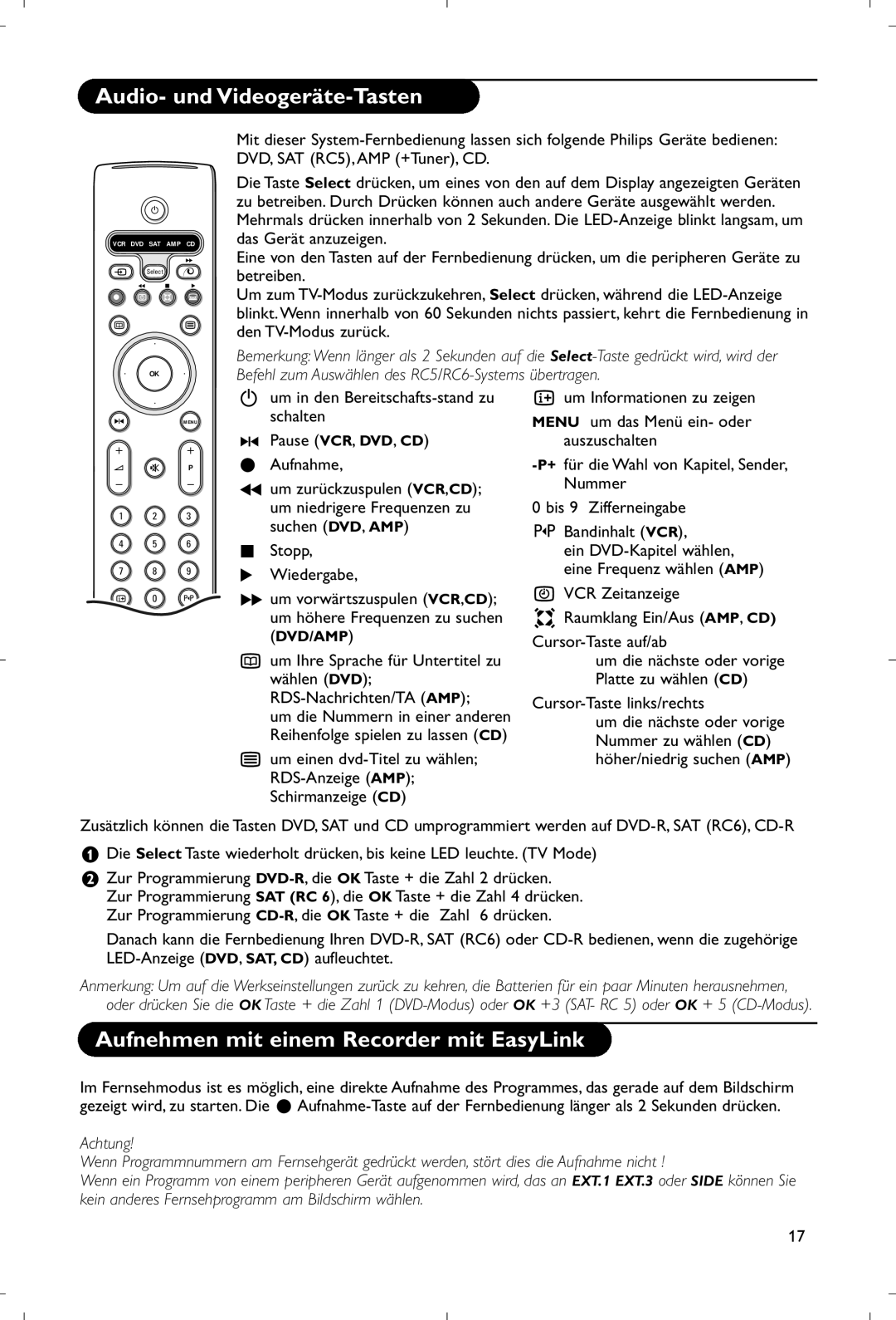 Philips 28PW9520/12 Audio- und Videogeräte-Tasten, Aufnehmen mit einem Recorder mit EasyLink, Pause VCR, DVD, CD Aufnahme 