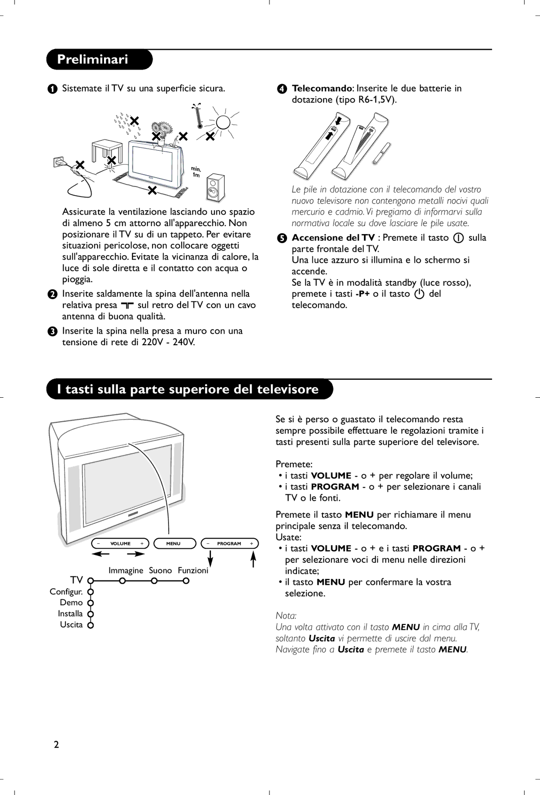 Philips 28PW9520/12 instruction manual Preliminari, Tasti sulla parte superiore del televisore, Nota 