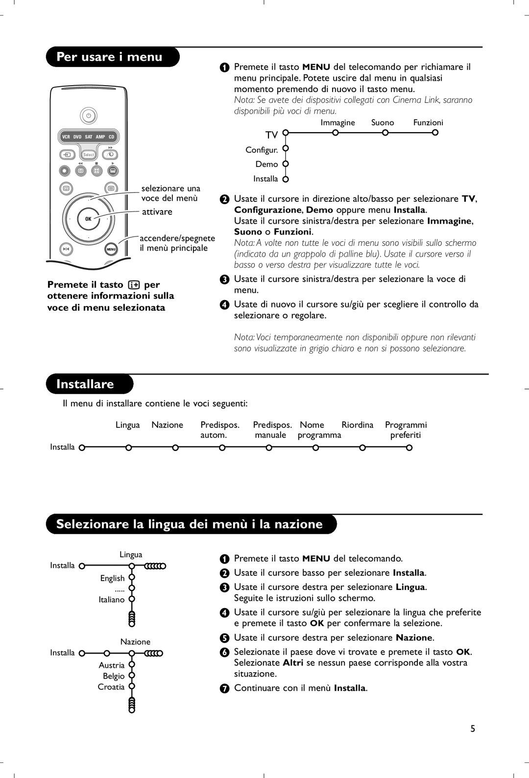 Philips 28PW9520/12 instruction manual Per usare i menu, Installare, Selezionare la lingua dei menù i la nazione 