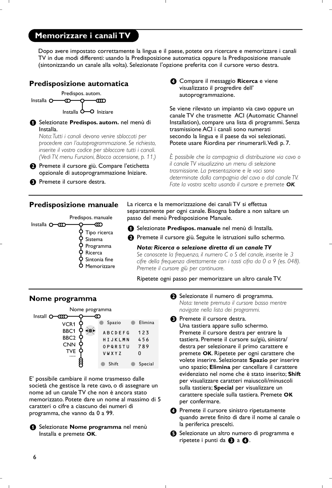 Philips 28PW9520/12 Memorizzare i canali TV, Predisposizione automatica, Predisposizione manuale, Nome programma 