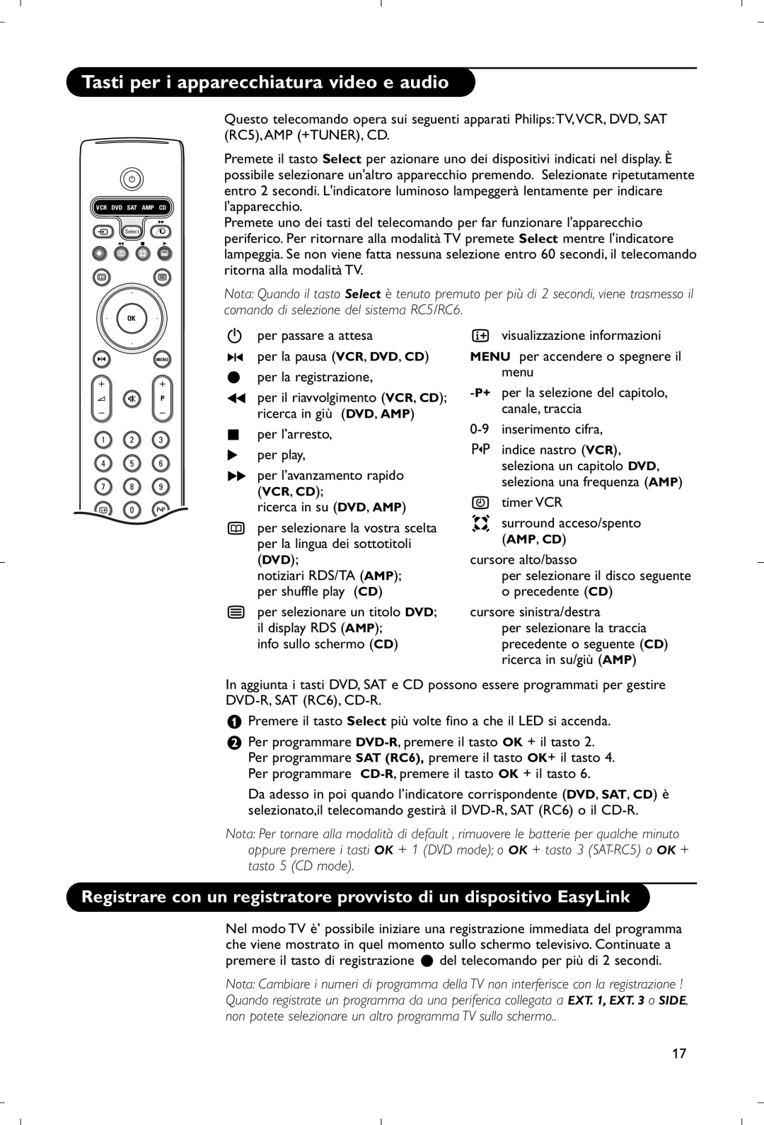 Philips 28PW9520/12 Tasti per i apparecchiatura video e audio, Timer VCR, Notiziari RDS/TA AMP per shuffle play CD 