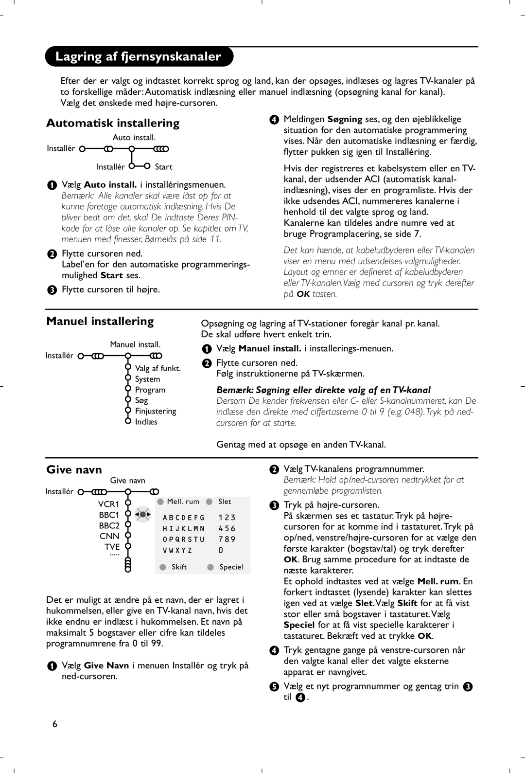 Philips 28PW9520/12 instruction manual Lagring af fjernsynskanaler, Automatisk installering, Manuel installering, Give navn 