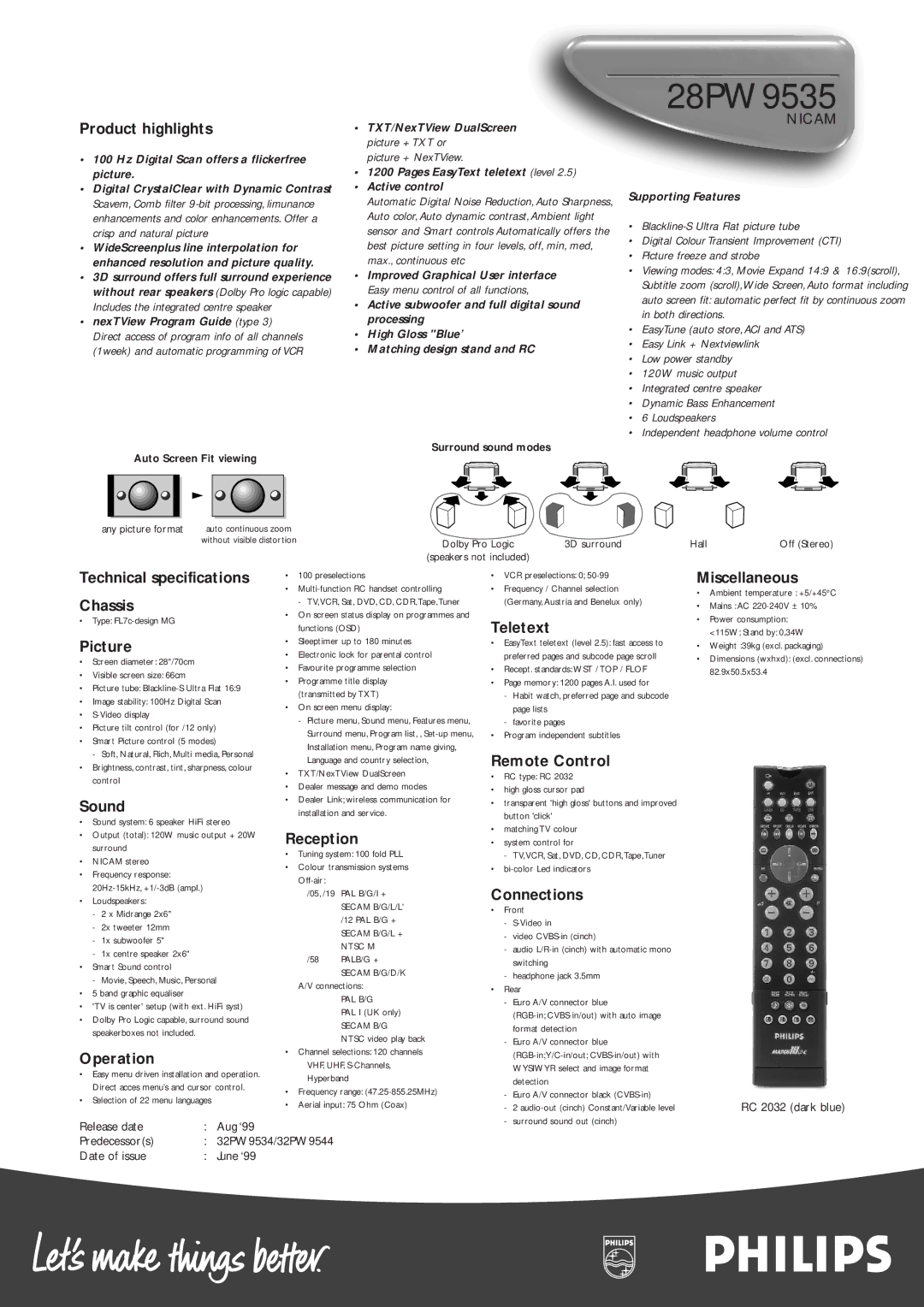 Philips 28PW9535 Product highlights, Technical specifications Chassis, Picture, Sound, Operation, Reception, Teletext 