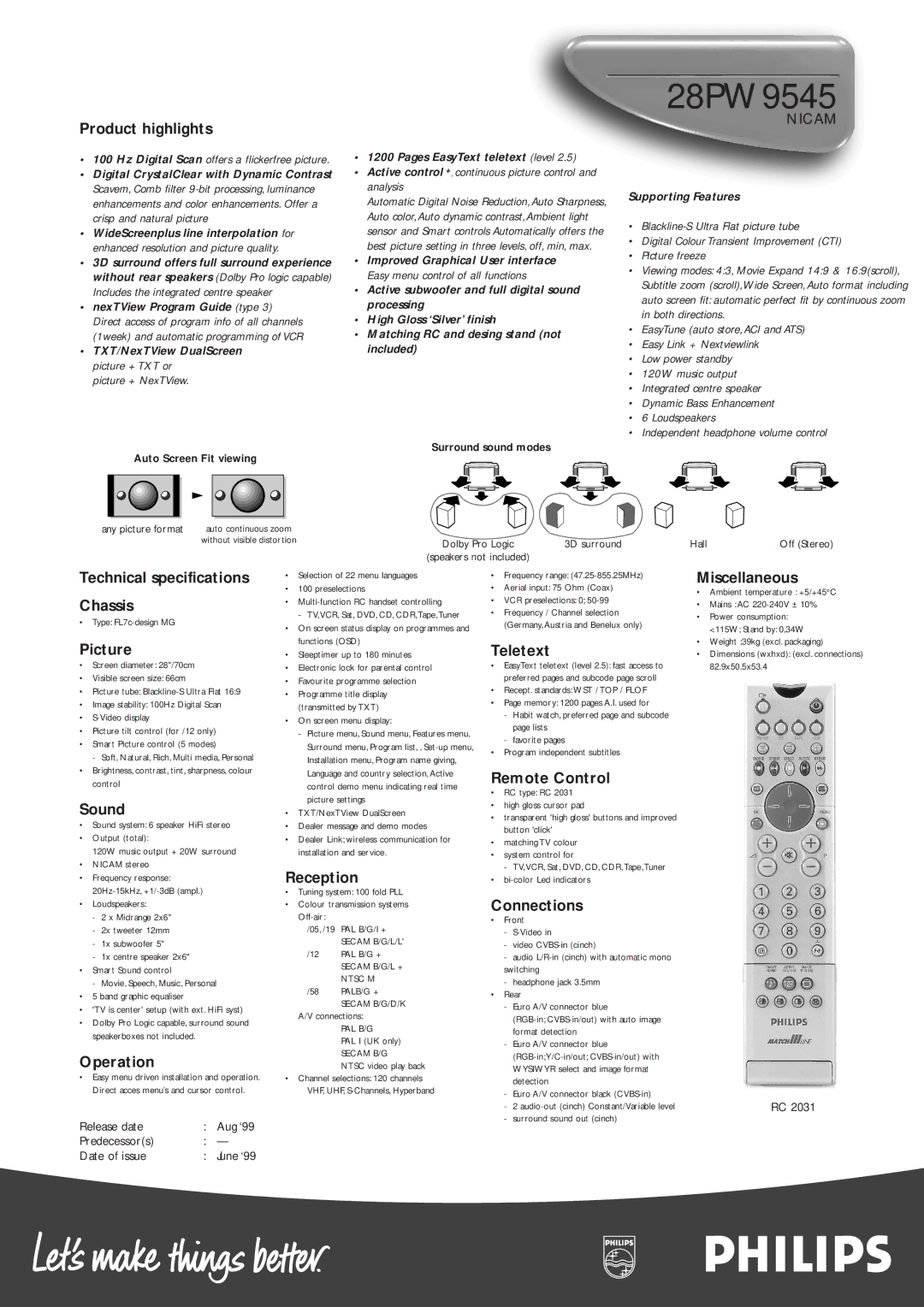 Philips 28PW9545 Product highlights, Technical specifications Chassis, Picture, Sound, Operation, Reception, Teletext 