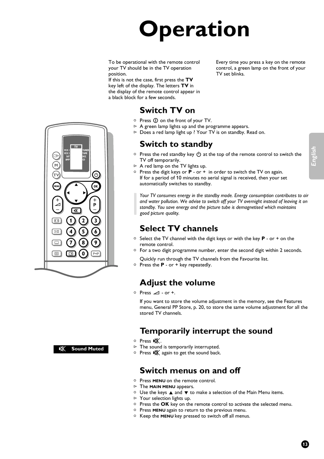 Philips 28PW9611/01 manual Switch TV on, Switch to standby, Select TV channels, Adjust the volume, Switch menus on and off 