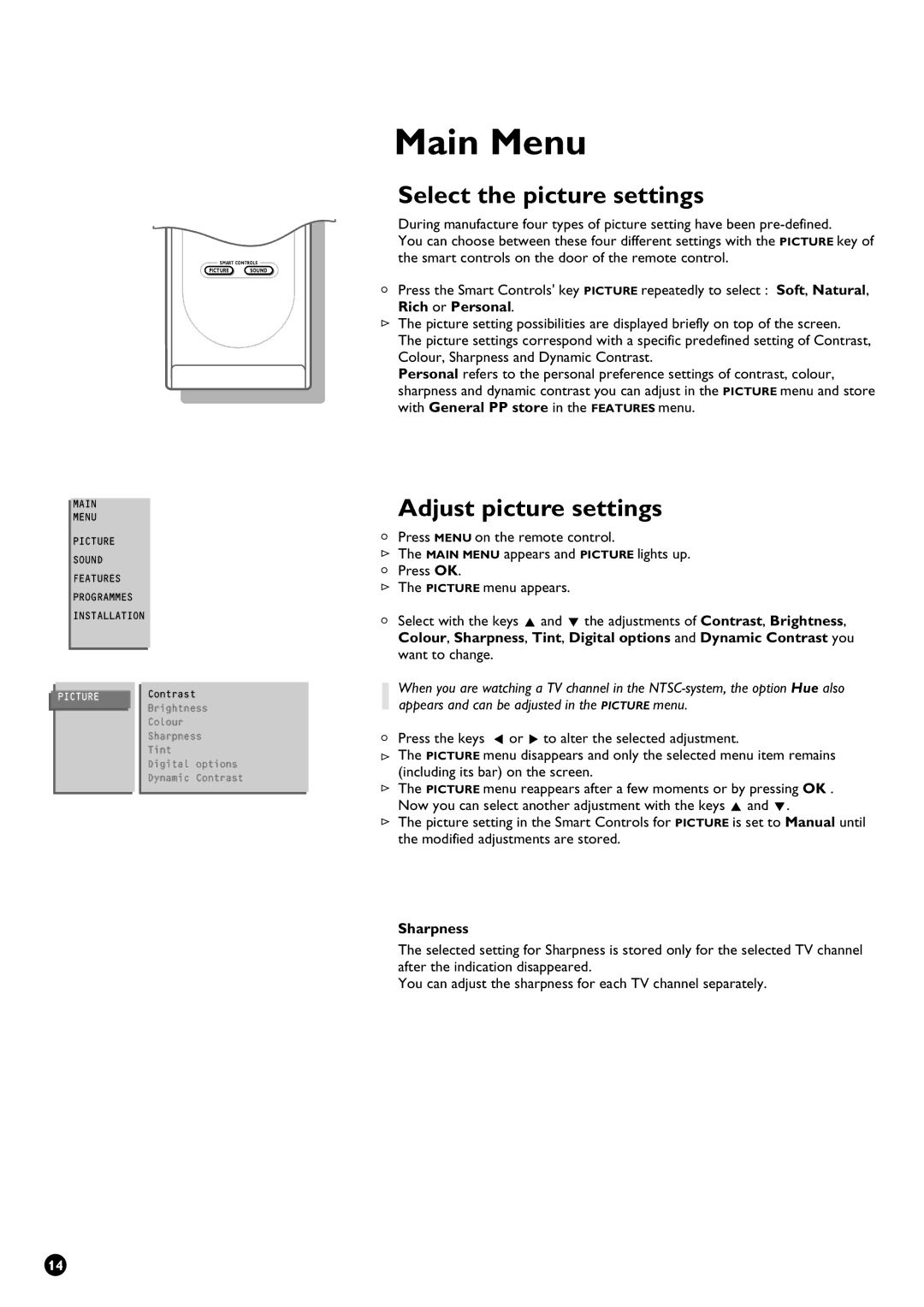 Philips 28PW9611/01 manual Main Menu, Select the picture settings, Adjust picture settings, Sharpness 