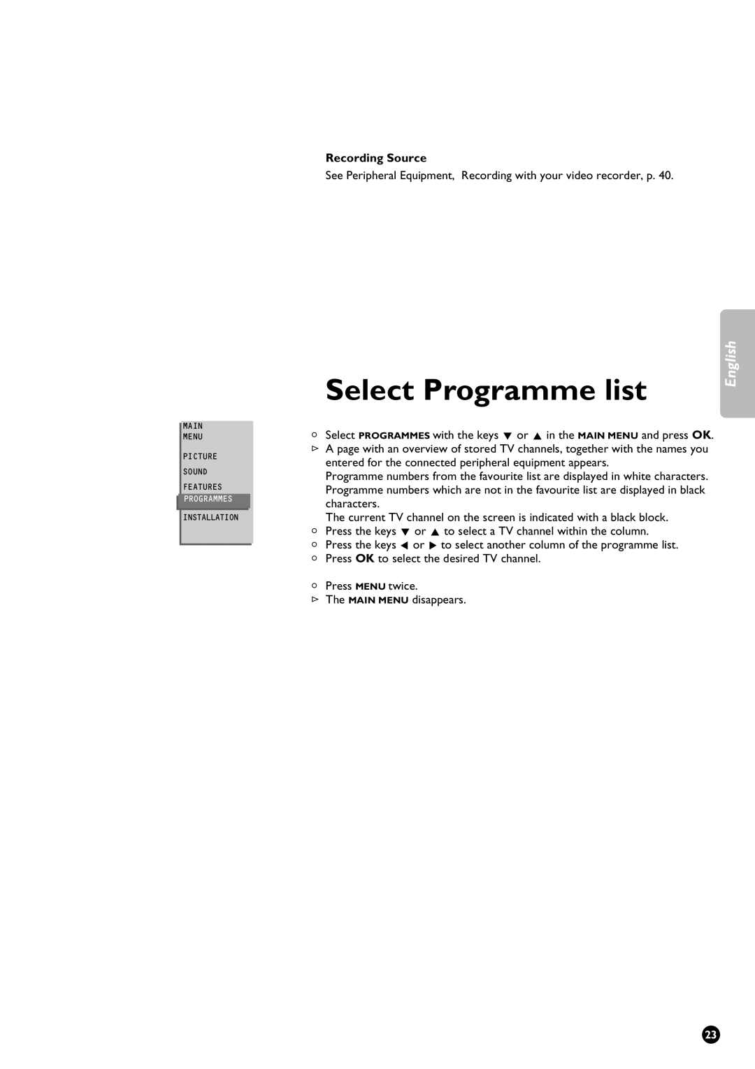 Philips 28PW9611/01 manual Select Programme list, Recording Source 