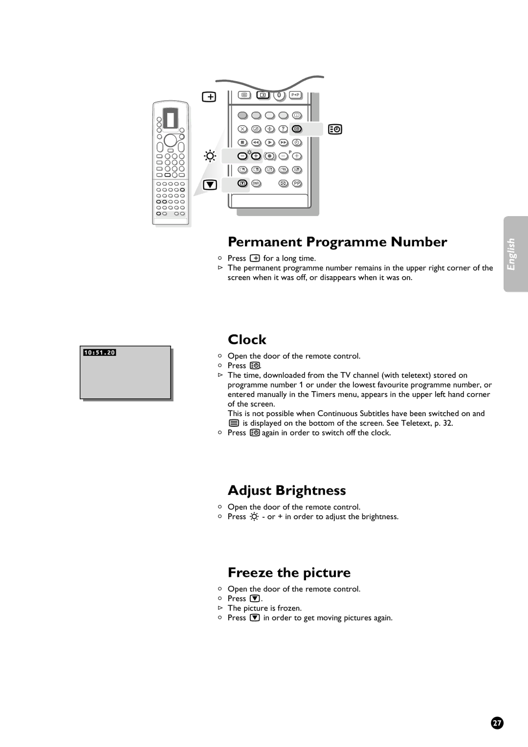 Philips 28PW9611/01 manual Permanent Programme Number, Clock, Adjust Brightness, Freeze the picture 