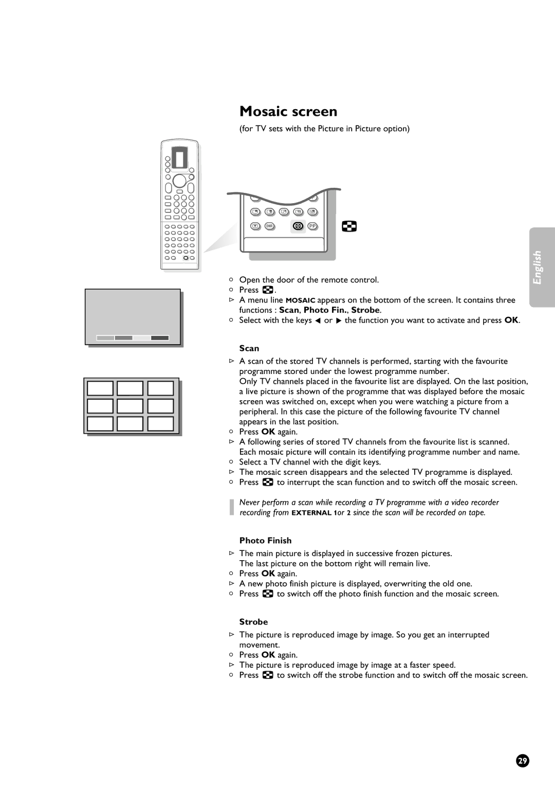 Philips 28PW9611/01 manual Mosaic screen, Scan, Select a TV channel with the digit keys, Photo Finish, Strobe 