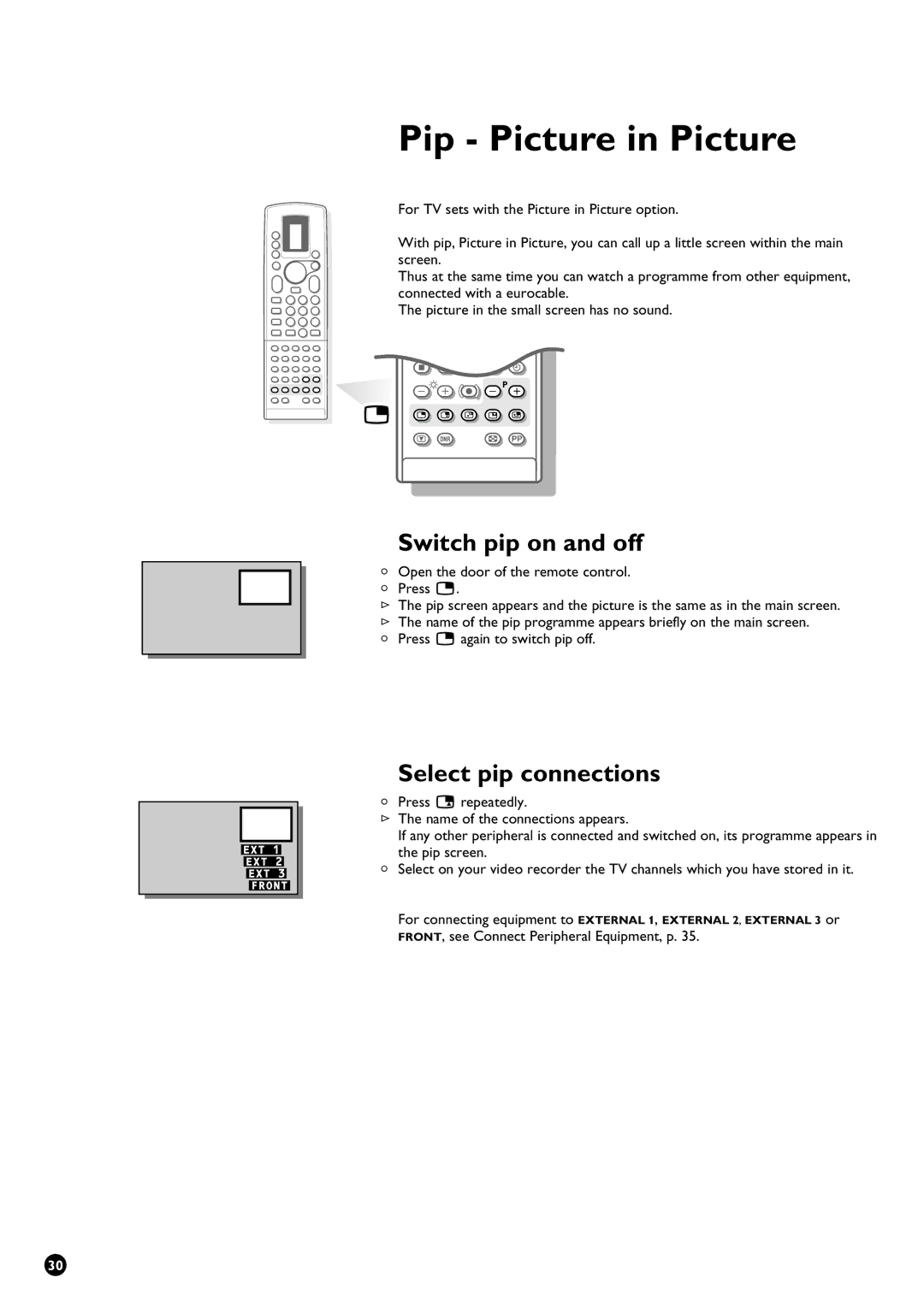 Philips 28PW9611/01 Pip Picture in Picture, Switch pip on and off, Select pip connections, Press p again to switch pip off 