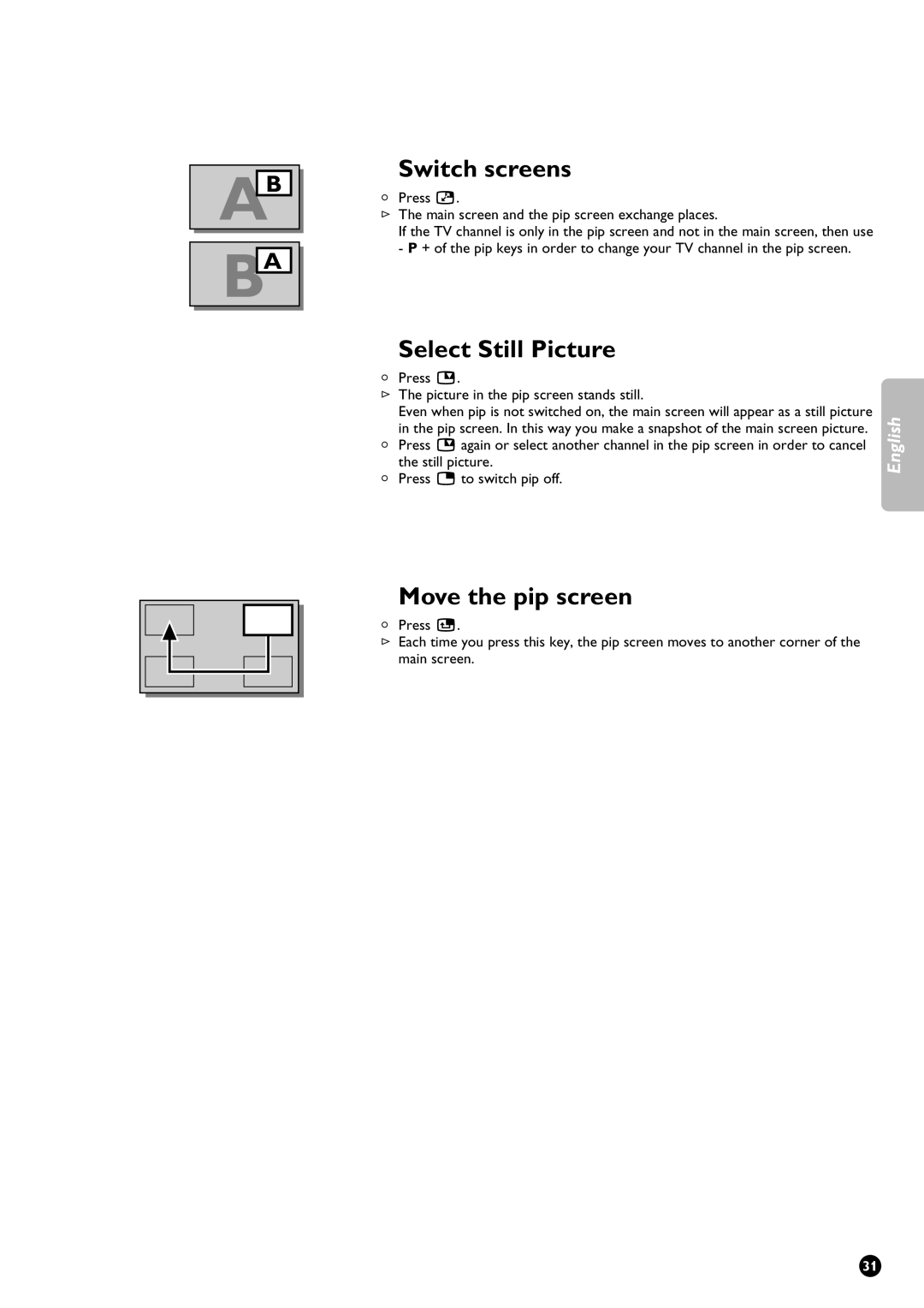 Philips 28PW9611/01 manual Switch screens, Select Still Picture, Move the pip screen 