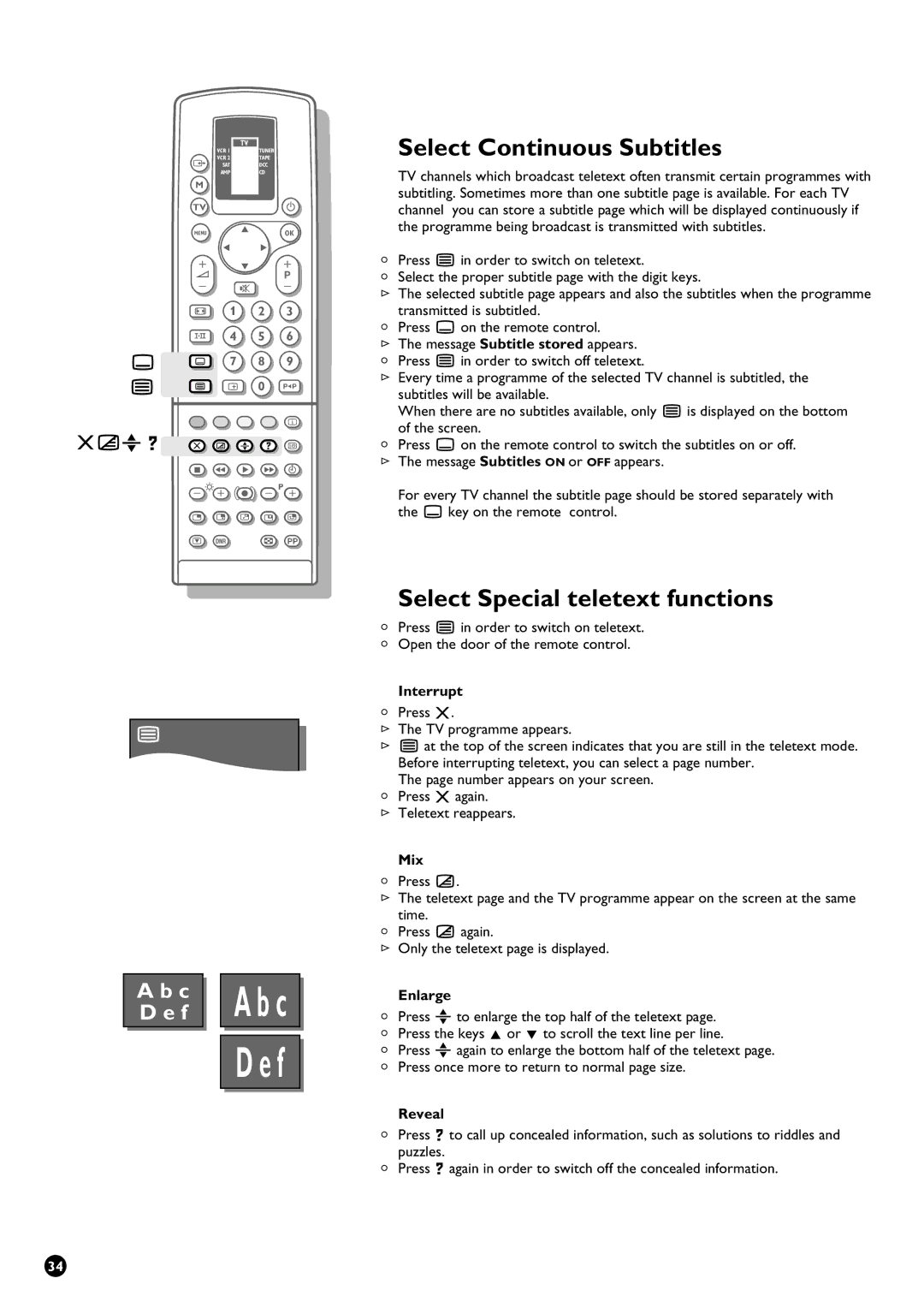 Philips 28PW9611/01 manual Select Continuous Subtitles, Select Special teletext functions 