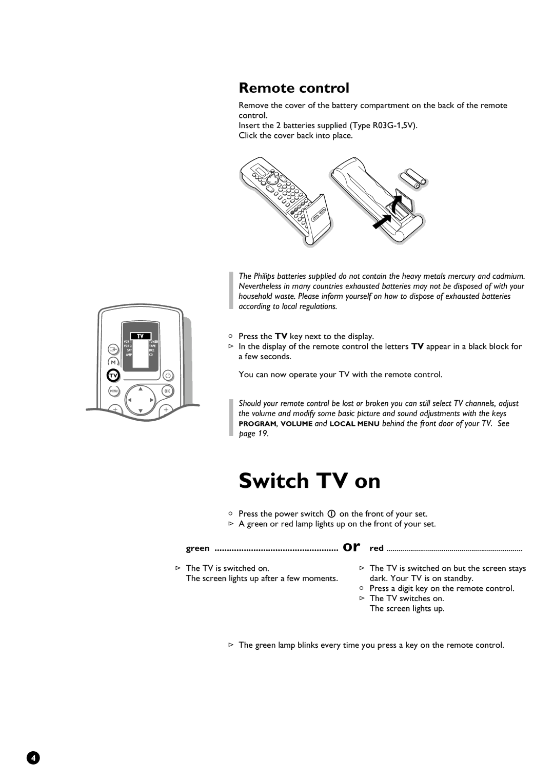 Philips 28PW9611/01 manual Switch TV on, Remote control 