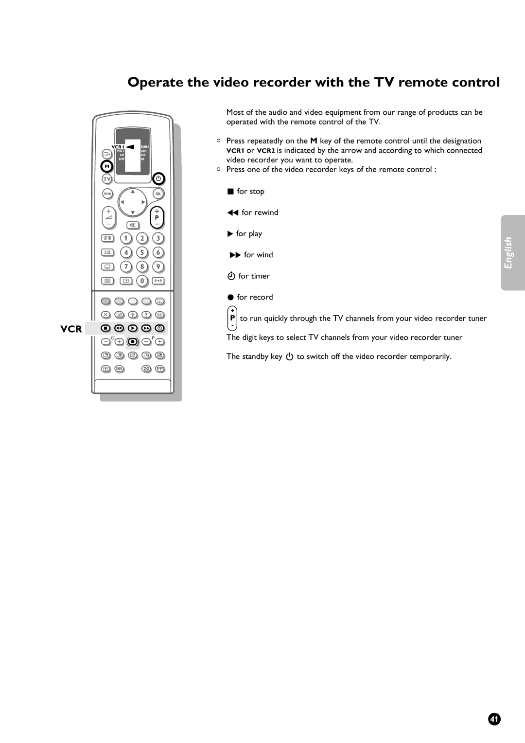 Philips 28PW9611/01 manual Operate the video recorder with the TV remote control, Vcr 