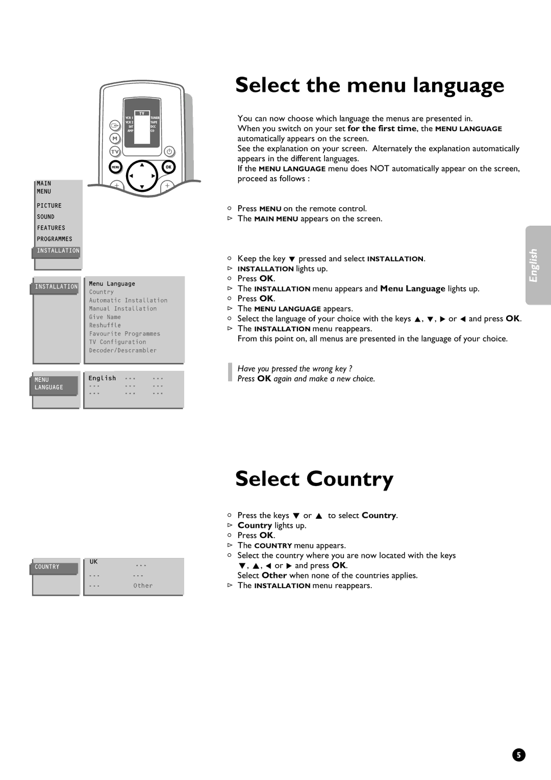 Philips 28PW9611/01 manual Select the menu language, Select Country, Press OK 