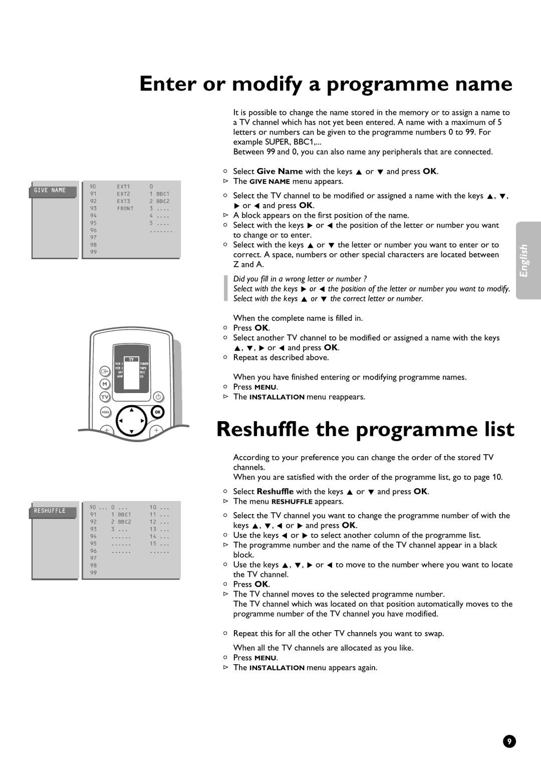 Philips 28PW9611/01 manual Enter or modify a programme name, Reshuffle the programme list 