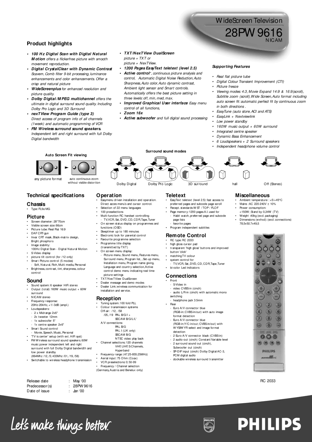 Philips 28PW9616 Product highlights, Technical specifications Chassis, Picture, Sound, Operation, Reception, Connections 