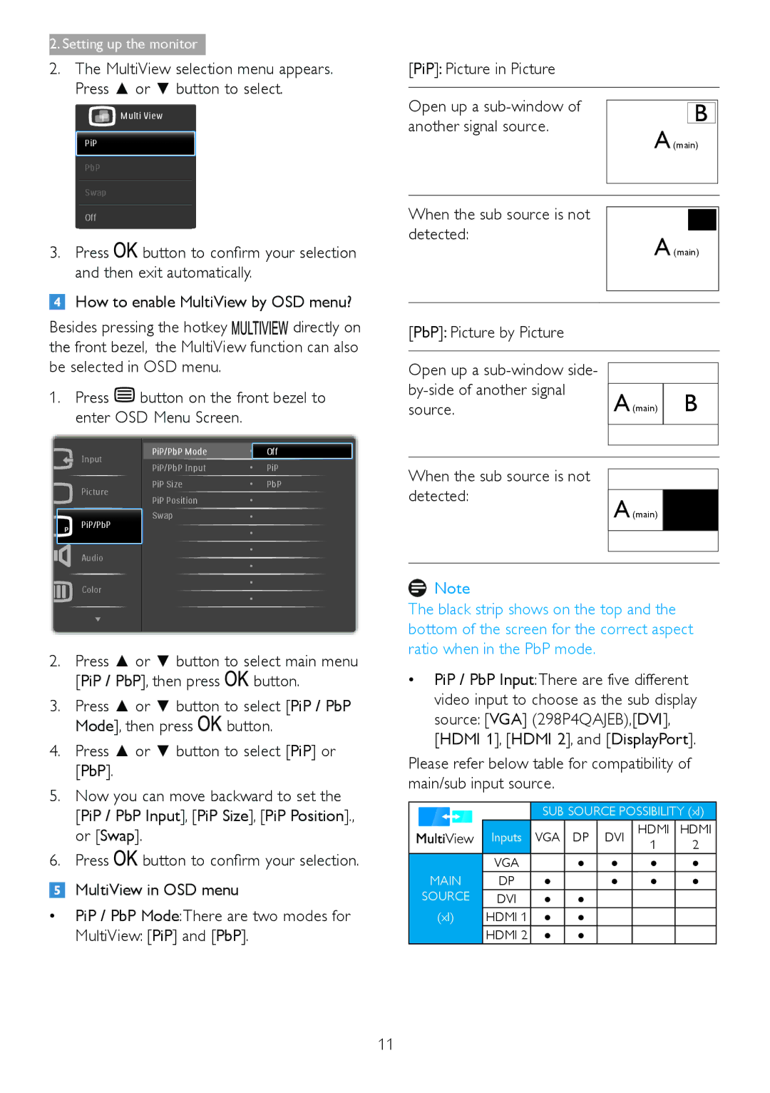 Philips 298P4, 298X4 MultiView selection menu appears Press or button to select, Detected, PbP Picture by Picture, Source 