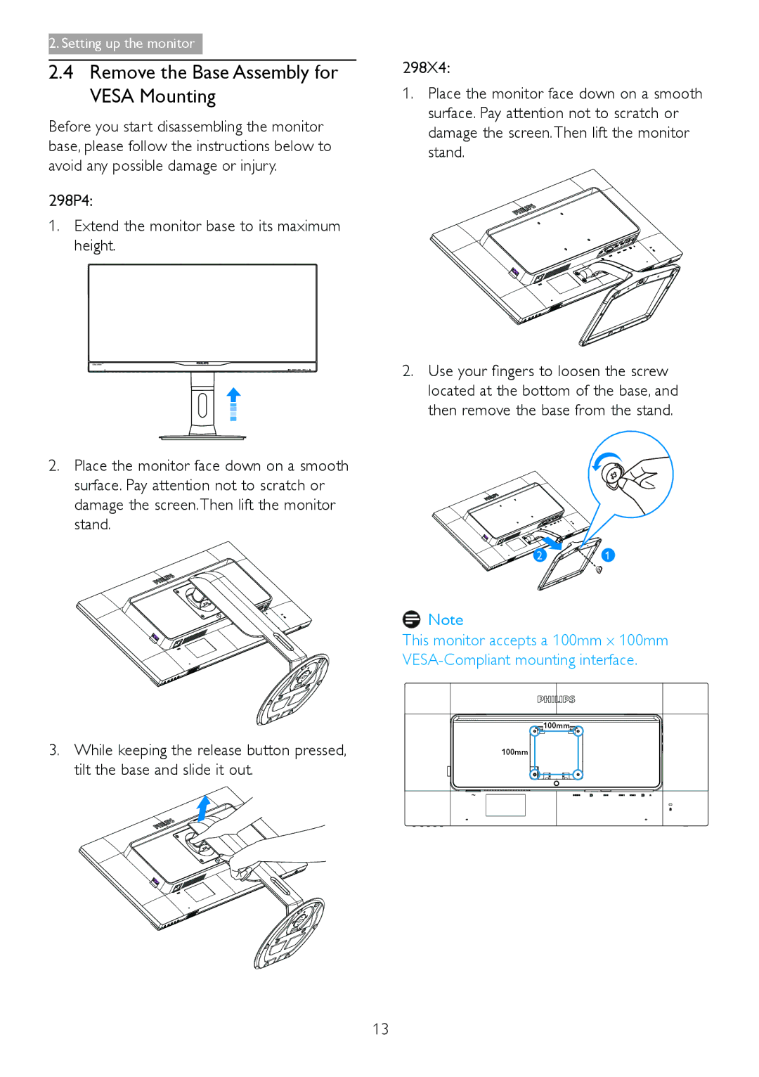 Philips 298P4, 298X4 user manual Remove the Base Assembly for Vesa Mounting 