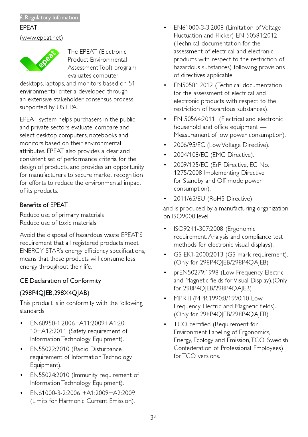 Philips 298X4, 298P4 user manual Epeat Electronic Product Environmental, Benefits of Epeat 