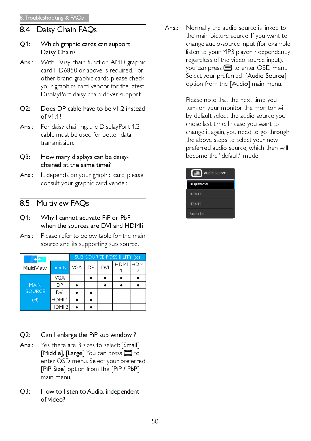 Philips 298X4, 298P4 user manual Daisy Chain FAQs, Multiview FAQs 