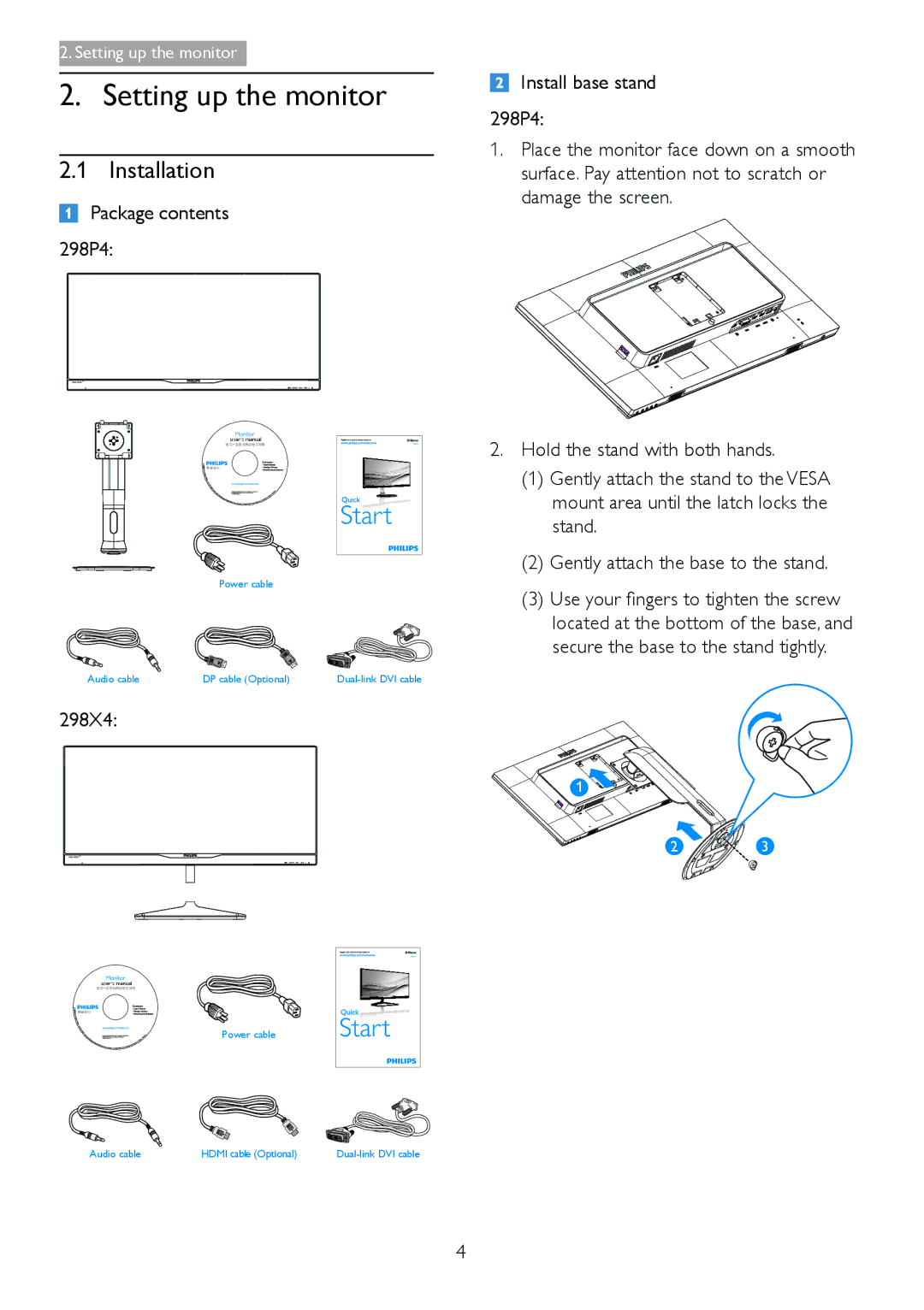 Philips 298X4 user manual Setting up the monitor, Installation, Package contents 298P4 