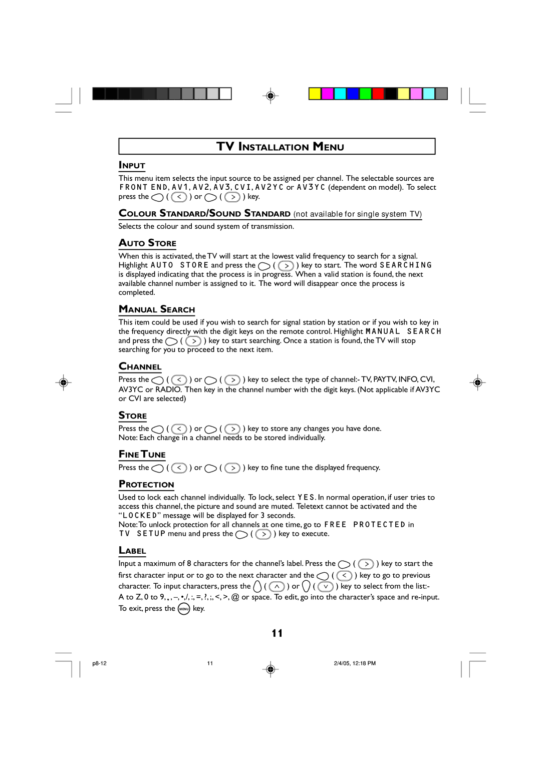 Philips 21HT, 29HT, 25HT manual TV Installation Menu 