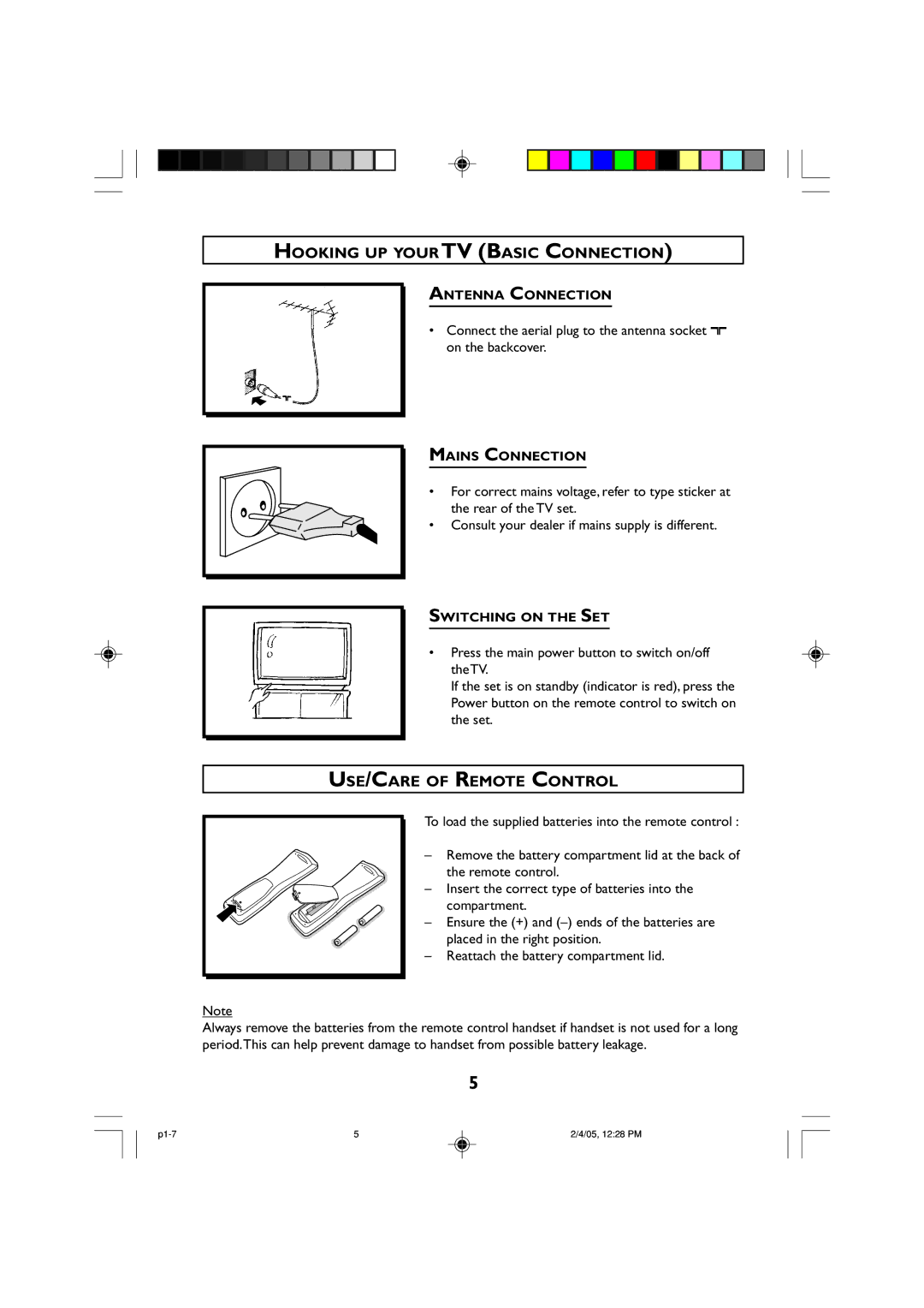 Philips 21HT, 29HT Hooking UP Your TV Basic Connection, USE/CARE of Remote Control, Antenna Connection, Mains Connection 