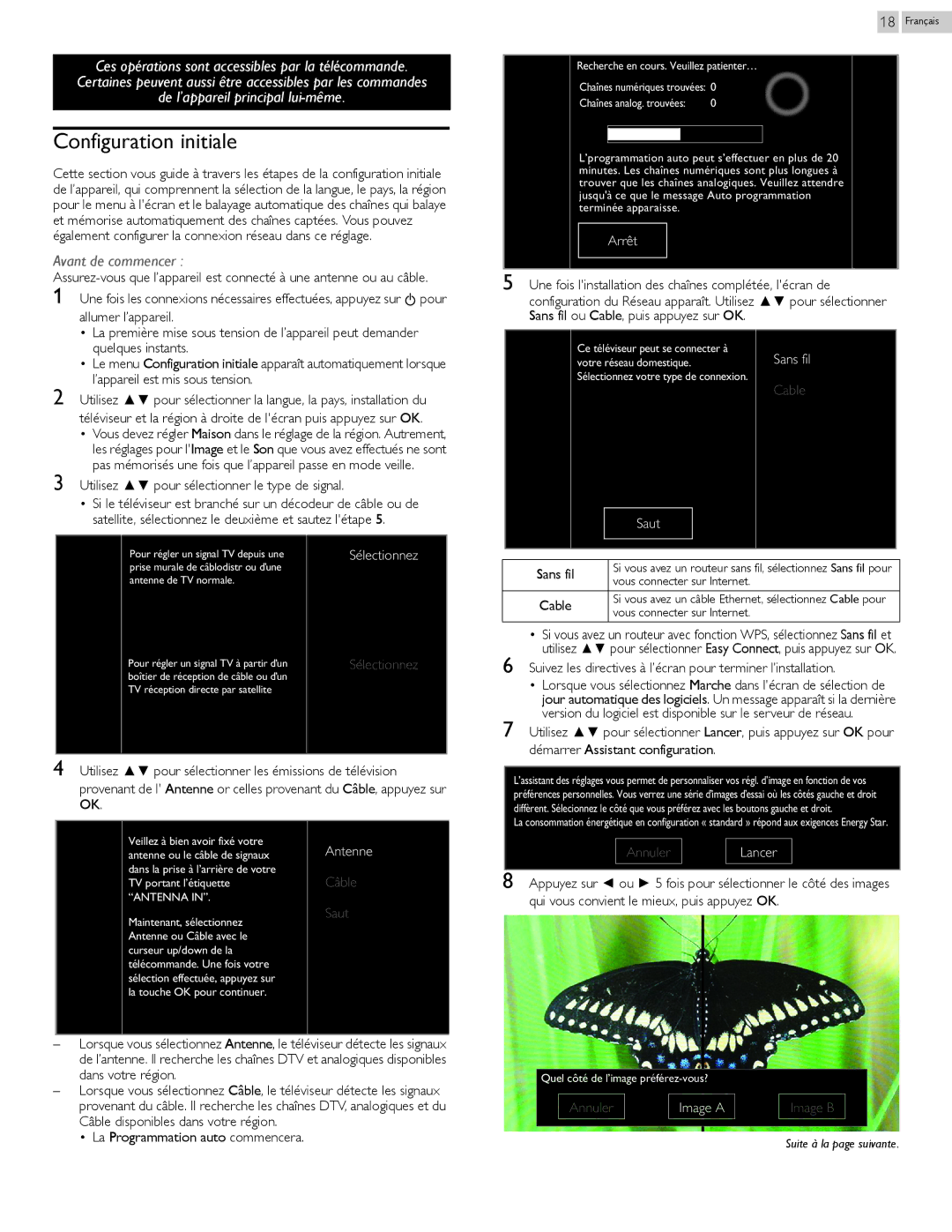 Philips 29PFL4908 user manual Configuration initiale, Arrêt, Saut 