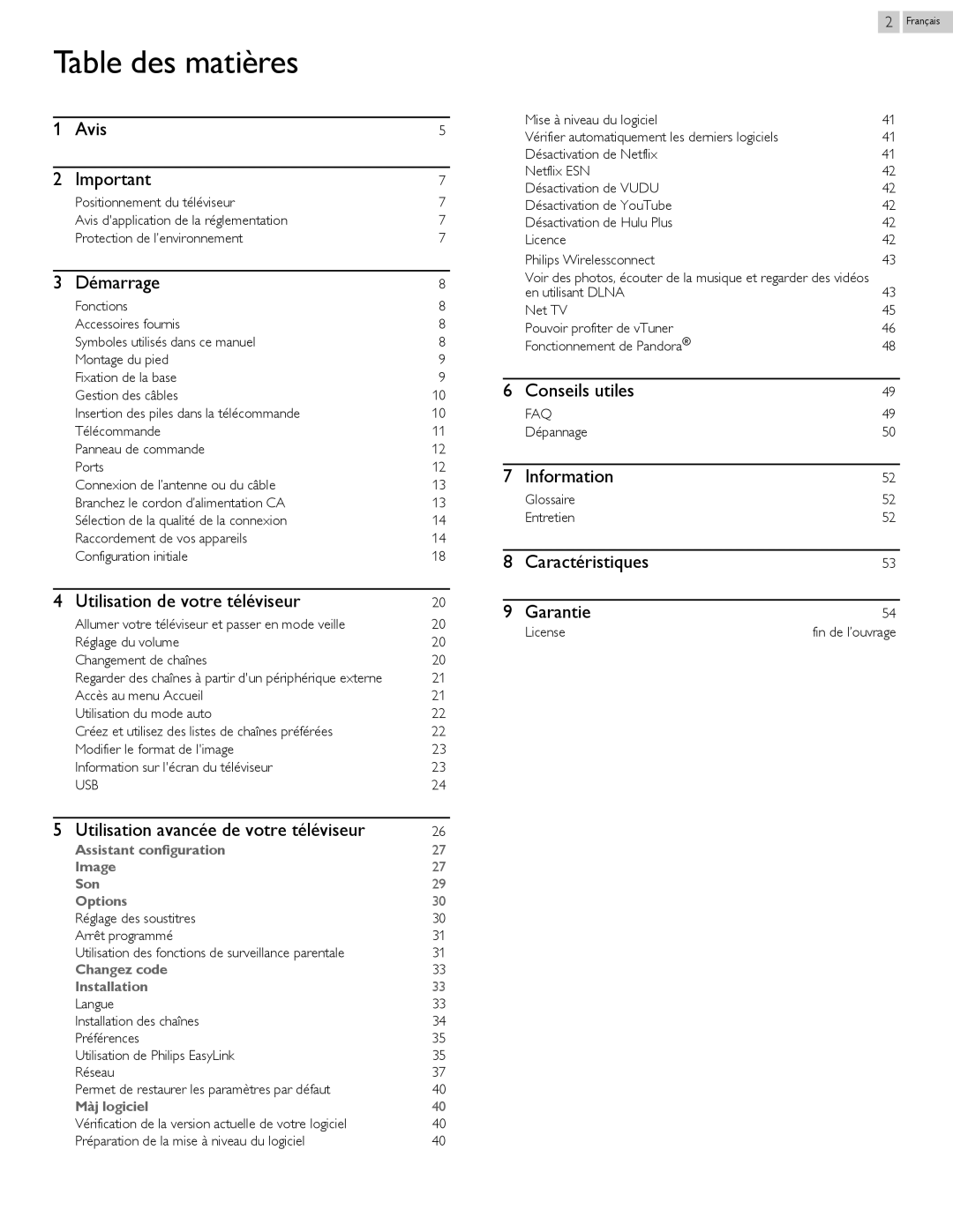 Philips 29PFL4908 user manual Table des matières, Dépannage, Glossaire Entretien, License 