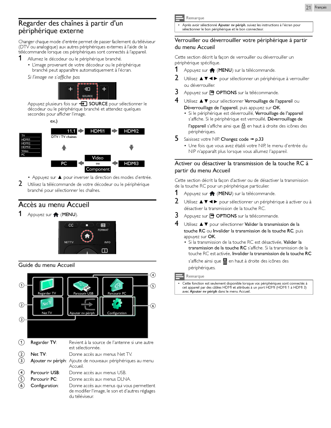 Philips 29PFL4908 Regarder des chaînes à partir dun périphérique externe, Accès au menu Accueil, Guide du menu Accueil 