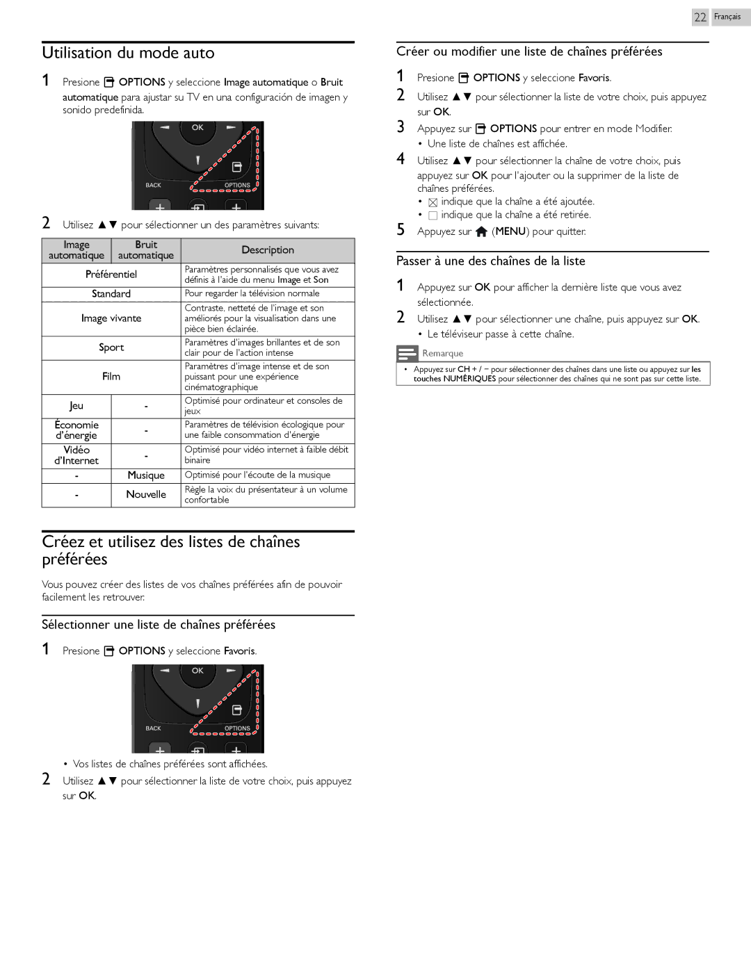 Philips 29PFL4908 user manual Utilisation du mode auto, Créez et utilisez des listes de chaînes préférées 