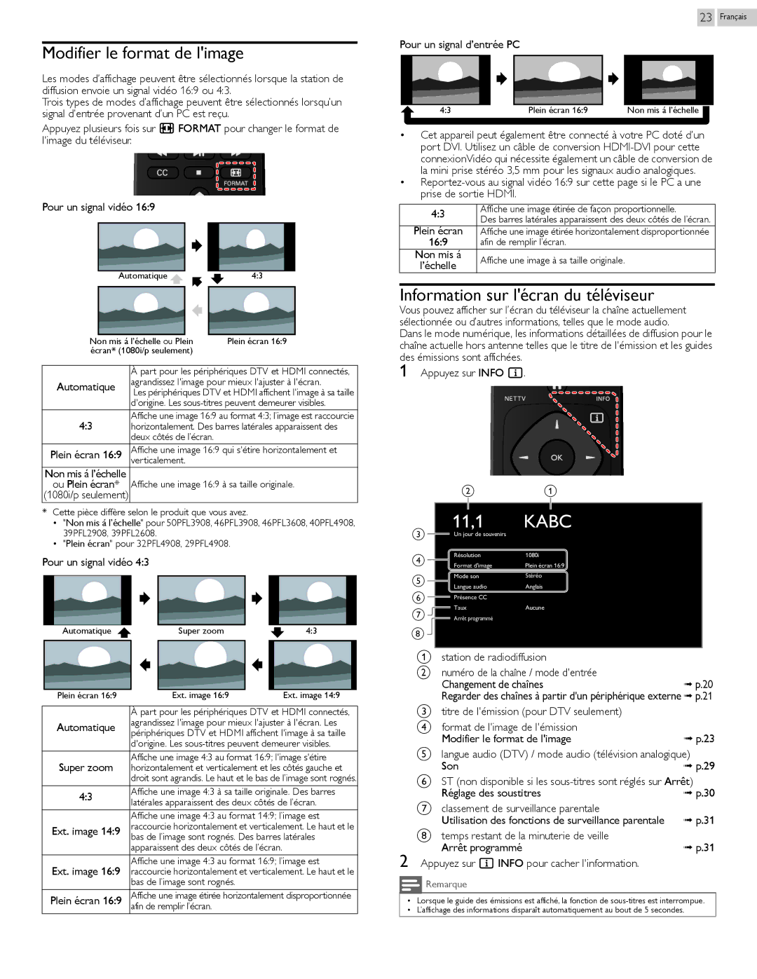 Philips 29PFL4908 Modifier le format de limage, Information sur lécran du téléviseur, 169, Info pour cacher linformation 