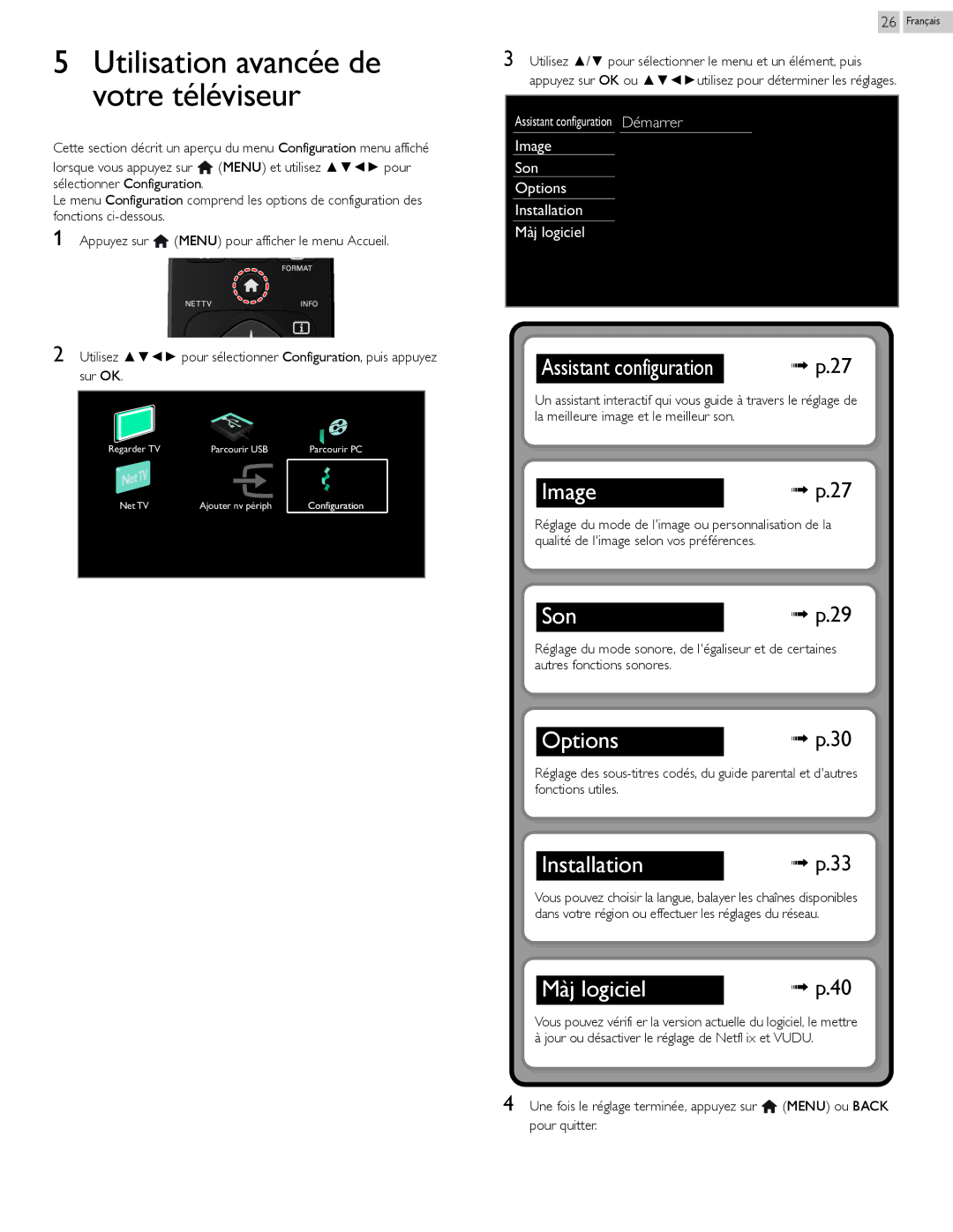 Philips 29PFL4908 user manual Utilisation avancée de votre téléviseur, Image Son Options Installation Màj logiciel 