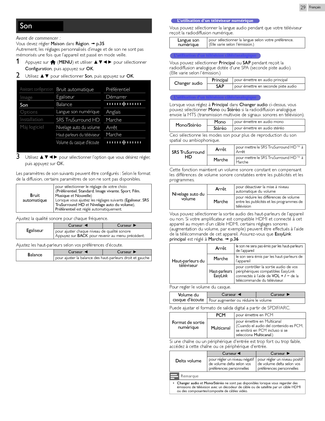 Philips 29PFL4908 user manual Bruit automatique, Egaliseur Démarrer Son Balance, Anglais, SRS TruSurround HD Marche 