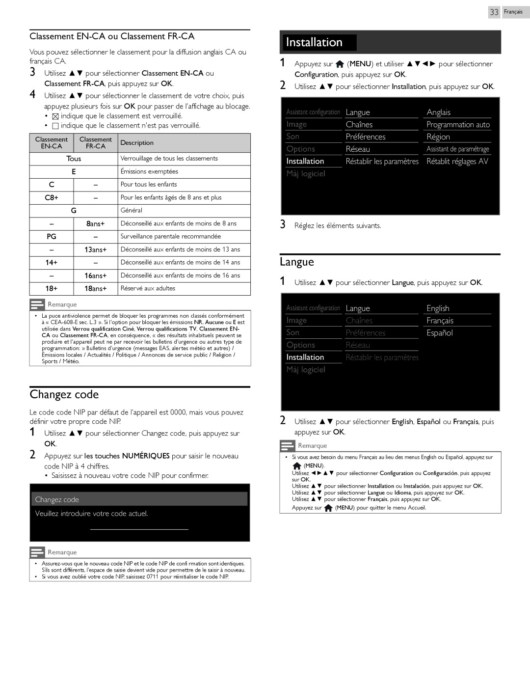 Philips 29PFL4908 user manual Changez code, Langue, Classement EN-CA ou Classement FR-CA 