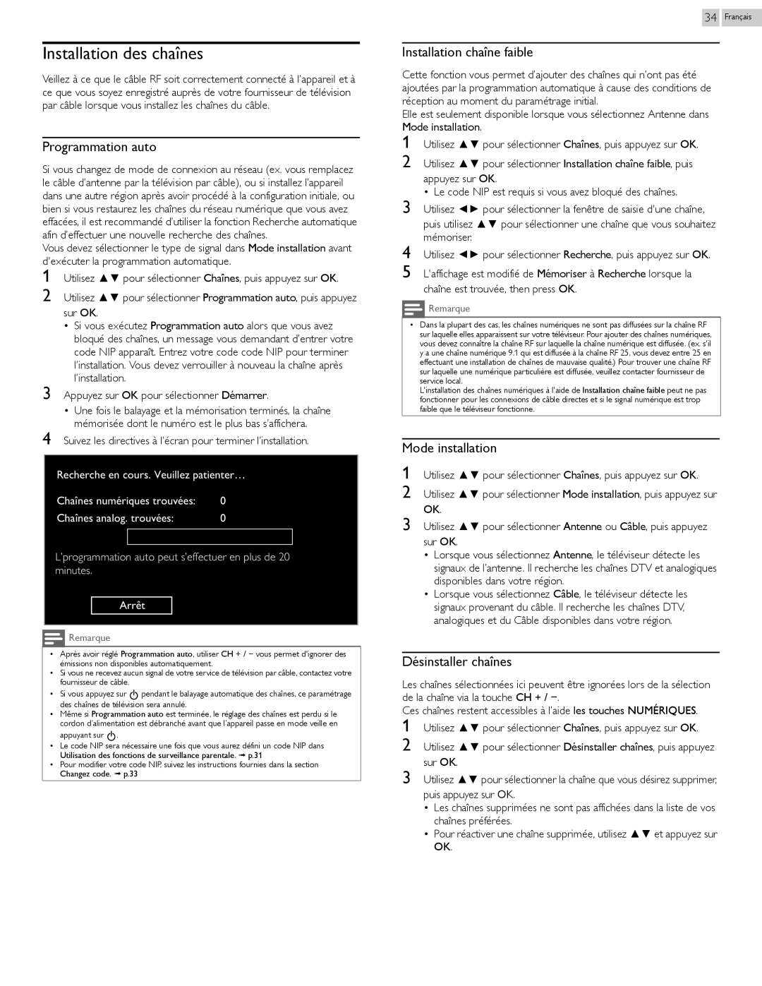 Philips 29PFL4908 user manual Installation des chaînes, Programmation auto, Installation chaîne faible, Mode installation 