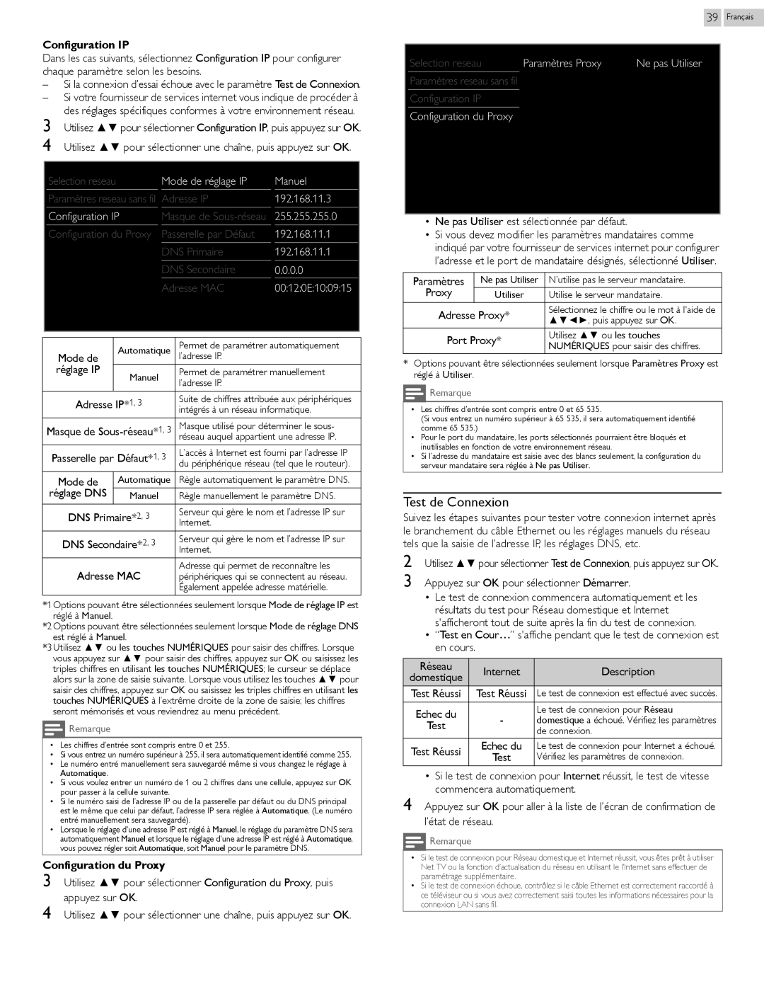 Philips 29PFL4908 user manual Test de Connexion 